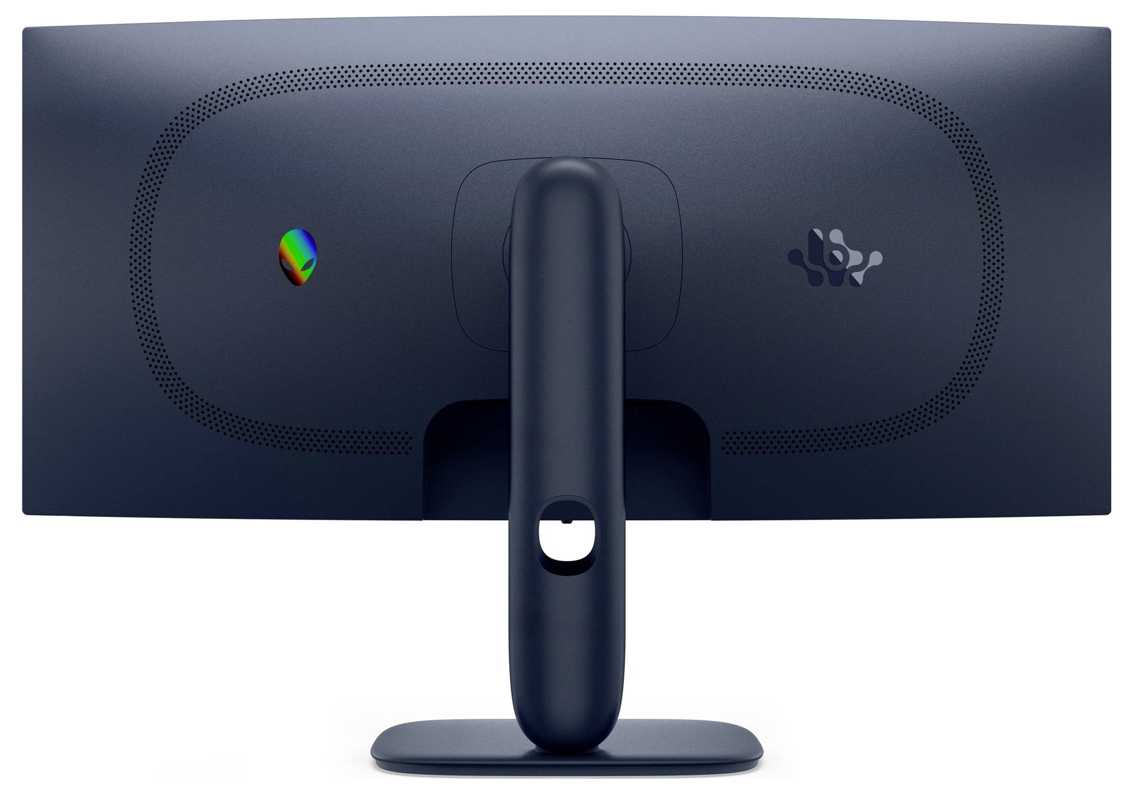 'Vista posteriore di un monitor di colore scuro con piedistallo circolare. Include loghi e design di ventilazione sul pannello posteriore.'