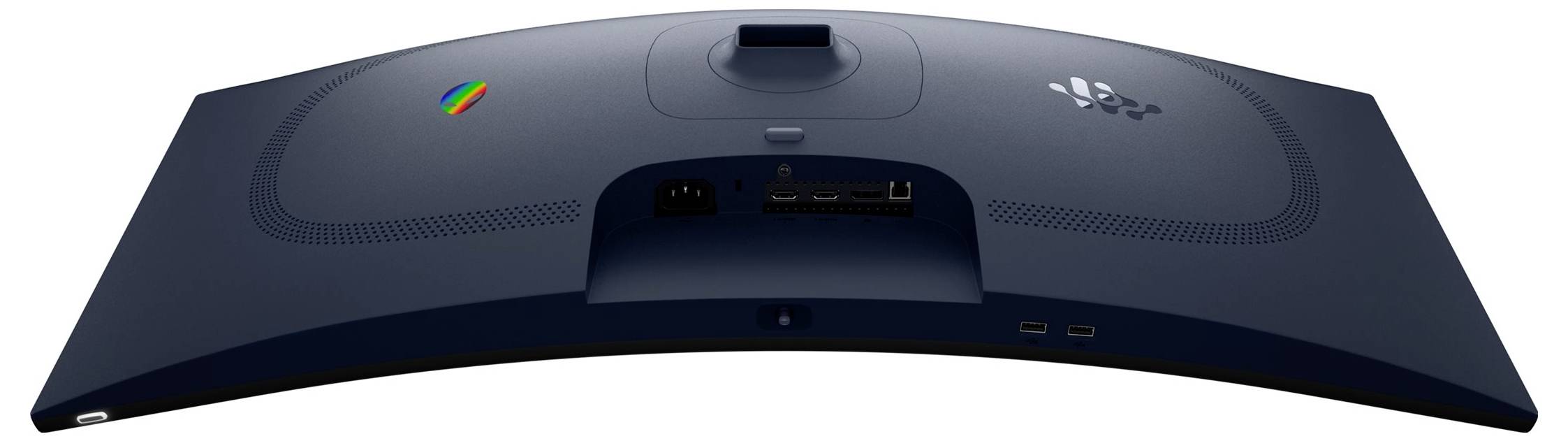 Un monitor per computer blu curvo visto da dietro, con un logo multicolore e diversi port di connettività.