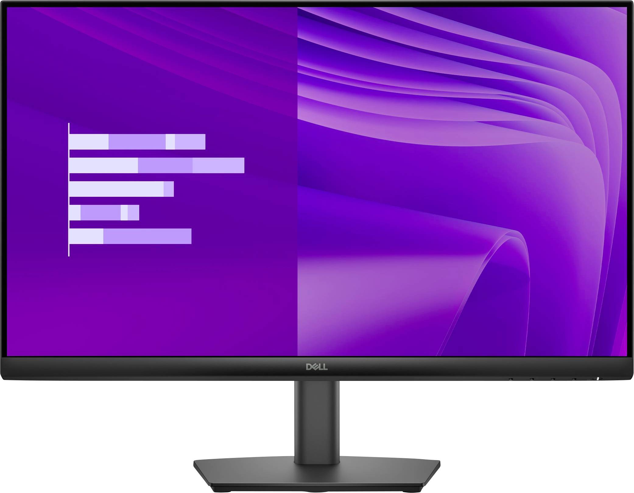Un monitor di computer che mostra un design geometrico astratto viola con barre orizzontali bianche, suggerendo una visualizzazione di progresso o dati.