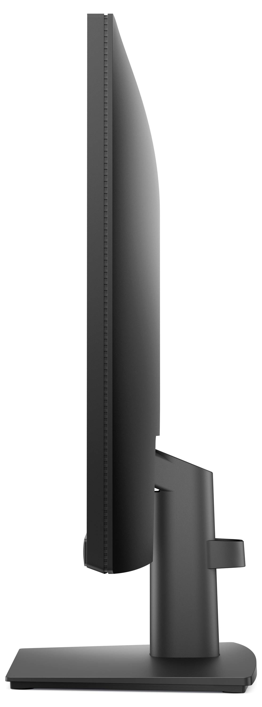 Una vista laterale di un sottile monitor per computer nero su un supporto, che evidenzia il suo design elegante e moderno.