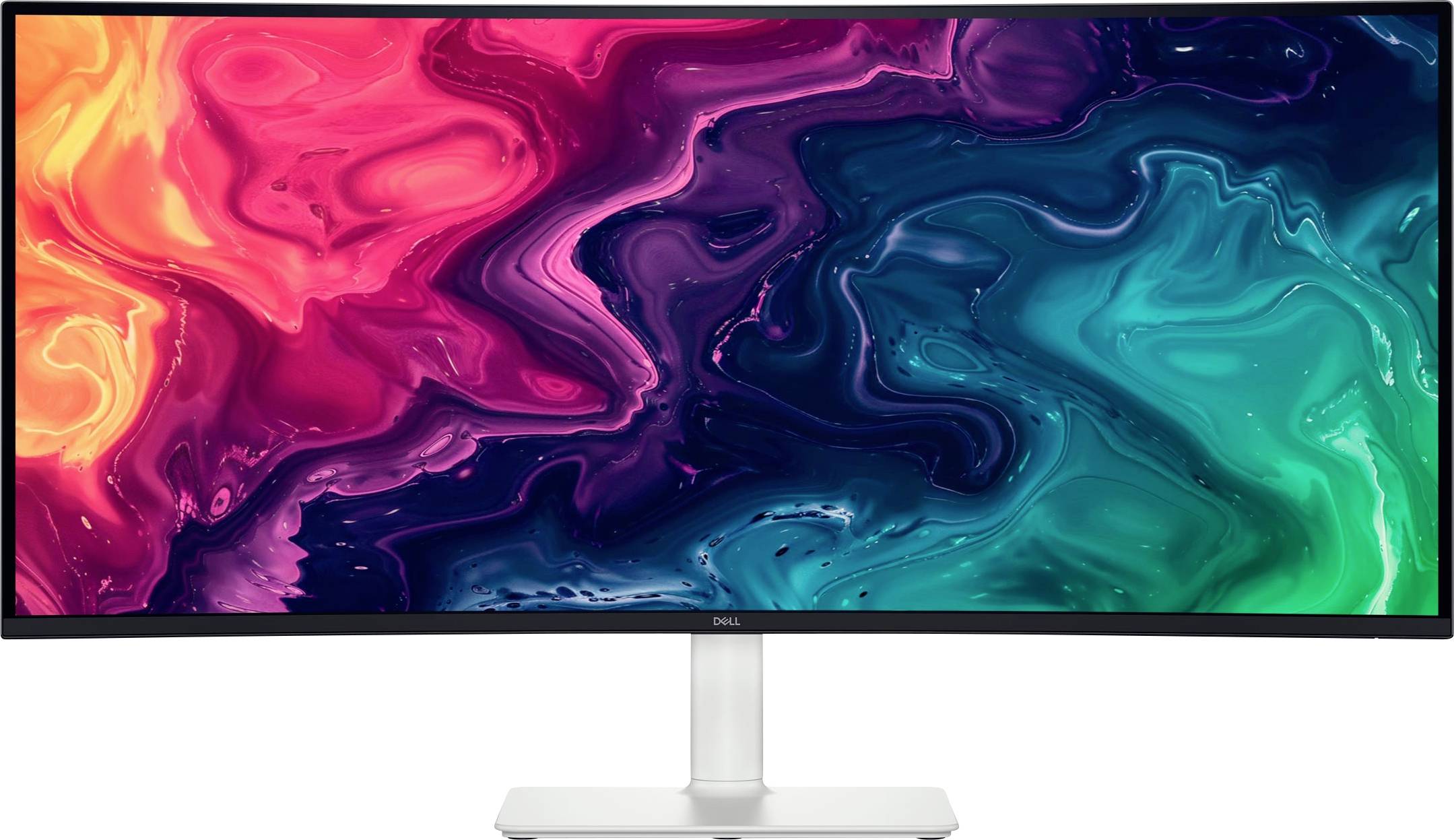 Un monitor widescreen che mostra una vivace e astratta spirale di colori che include rosso, viola, blu e verde.