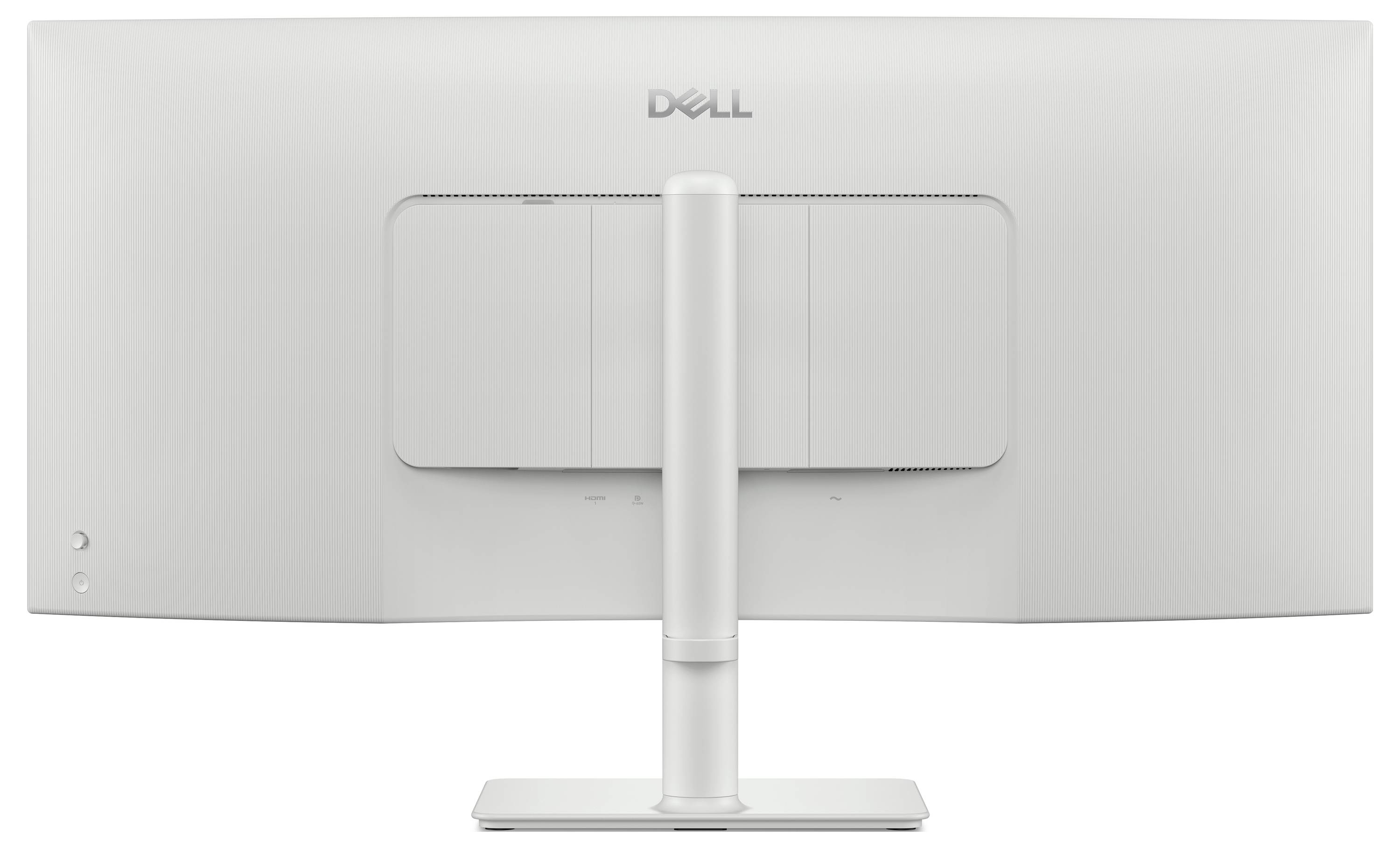 Un monitor Dell bianco a schermo panoramico visto da dietro, che mostra il suo supporto e il design sottile.
