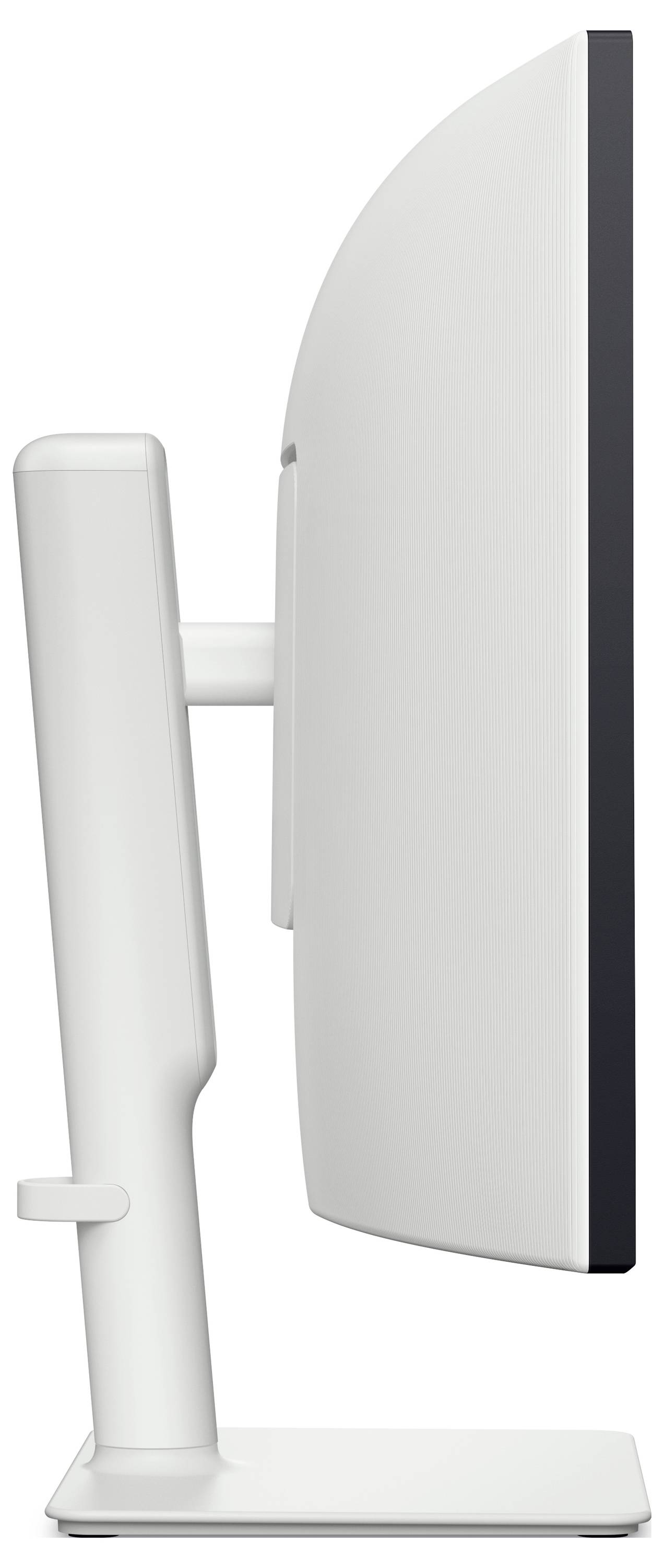 Vista laterale di un moderno e elegante monitor per computer che mostra il suo design sottile e minimalista con un supporto regolabile.