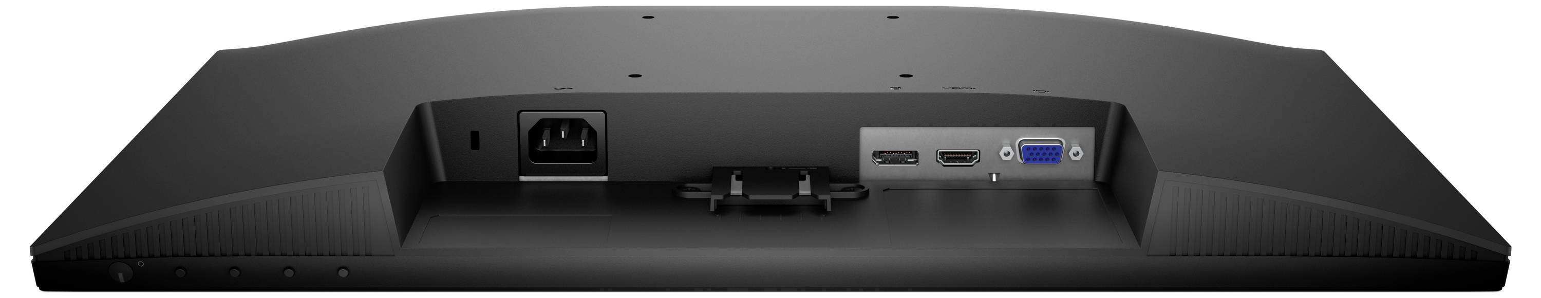 L'immagine mostra il retro di un monitor con porte di alimentazione, HDMI, DisplayPort e VGA visibili in un'area incassata.