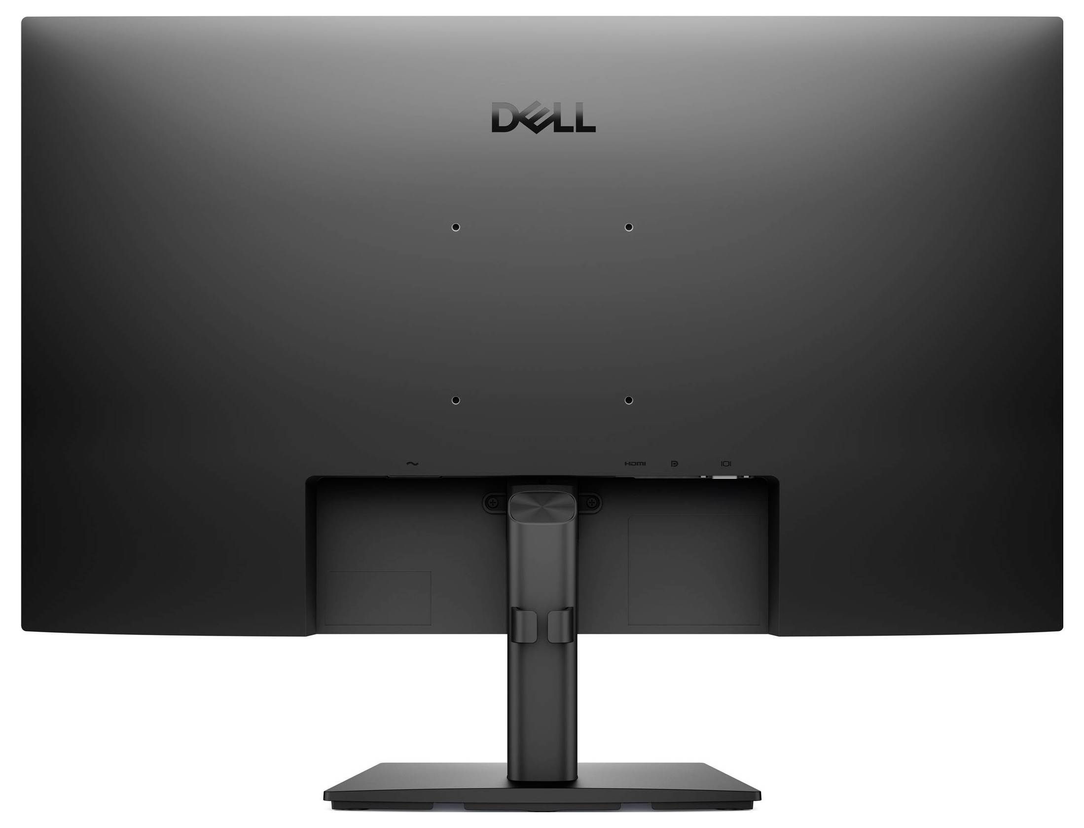 'Vista posteriore di un monitor per computer Dell con supporto e cornice neri, che mostrano porte e ventilazione. Nessun contenuto dello schermo visibile.'