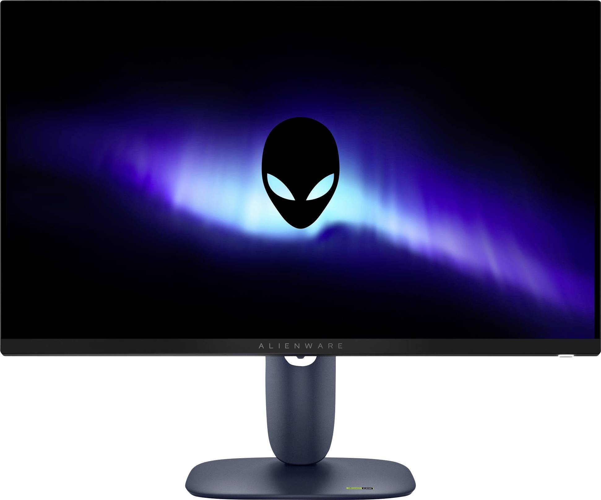 'Monitor Alienware che visualizza uno schermo scuro con un logo di testa aliena stilizzato e luminoso al centro su uno sfondo blu e viola.'