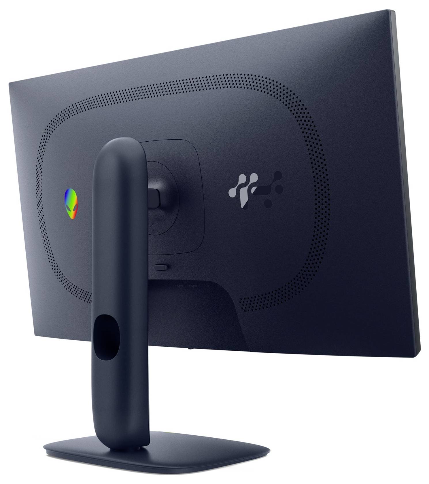 Vista posteriore di un moderno monitor per computer con due loghi sul retro, posizionato su un supporto curvo, che evidenzia il design elegante.