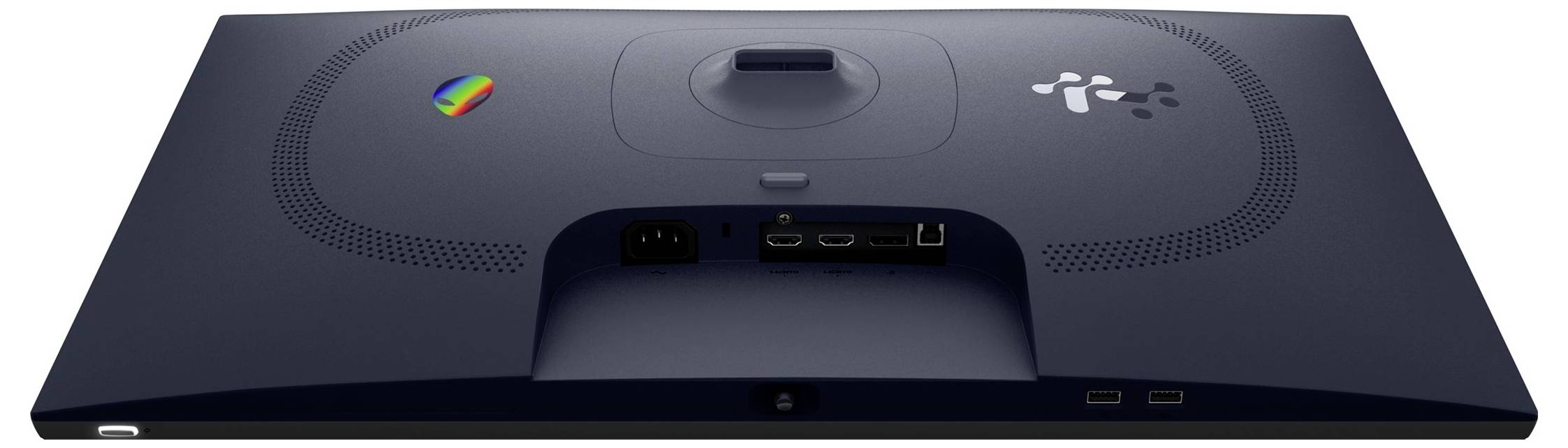 Vista posteriore di un monitor a schermo piatto con vari connettori tra cui HDMI, USB e connettore di alimentazione. Due loghi sono visibili negli angoli superiori.