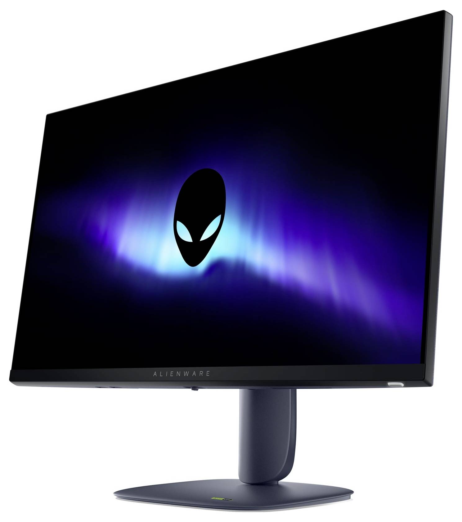 Un elegante monitor Alienware con un design futuristico, che visualizza il logo iconico di una testa aliena su uno schermo con una vivida sfumatura blu e viola.