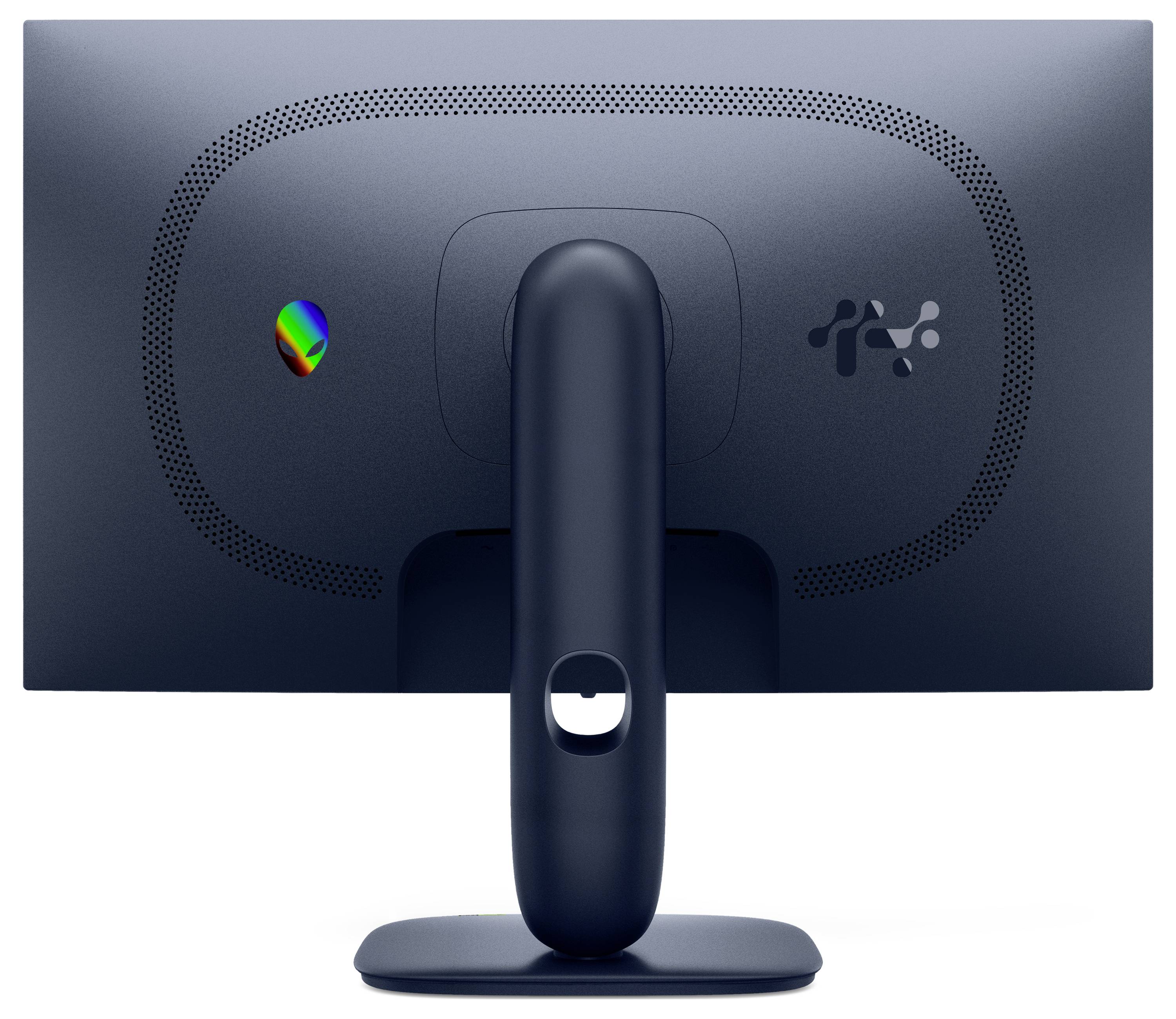 Un monitor nero visto da dietro, caratterizzato da un supporto curvo unico e due loghi: una testa aliena e una lettera "N" stilizzata.