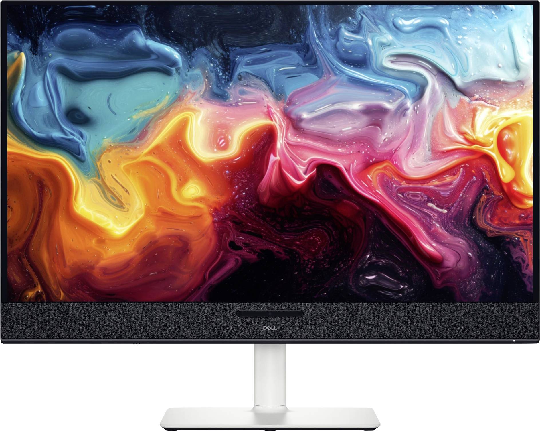 Un elegante monitor per computer che mostra un vivace turbine astratto di blu, gialli, rossi e rosa, che suggerisce creatività ed energia.