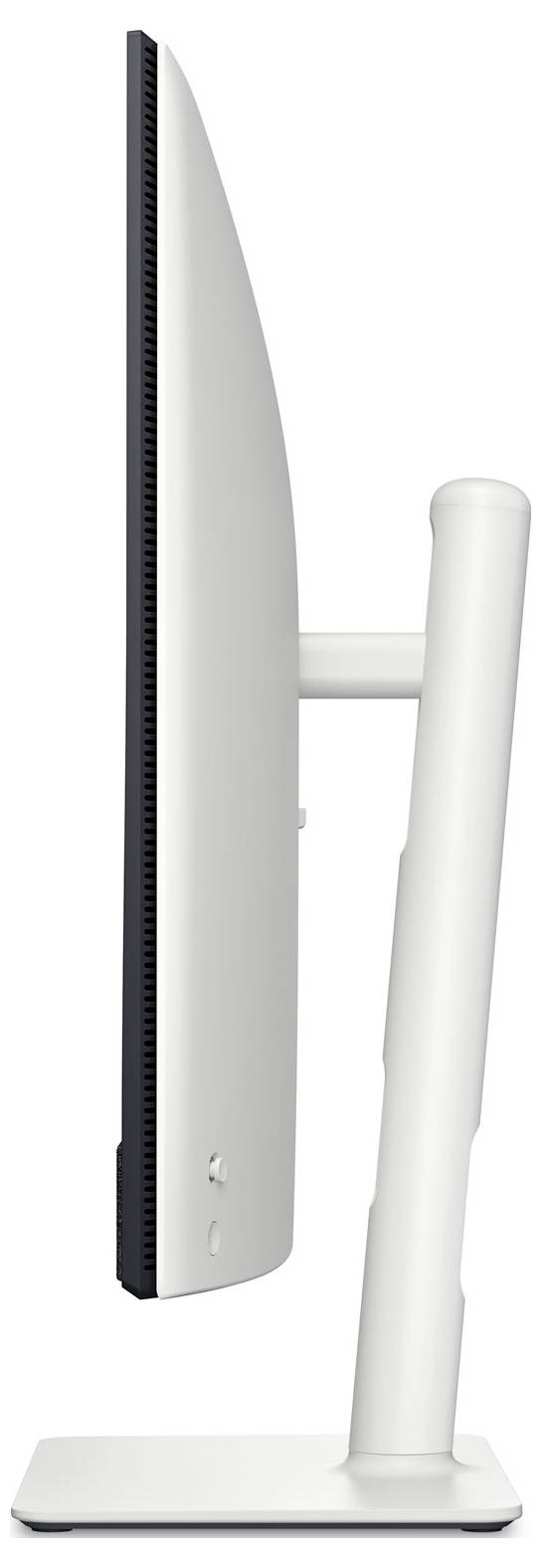 Vista laterale di un sottile monitor per computer moderno su supporto, che evidenzia il suo design elegante e l'estetica minimalista.