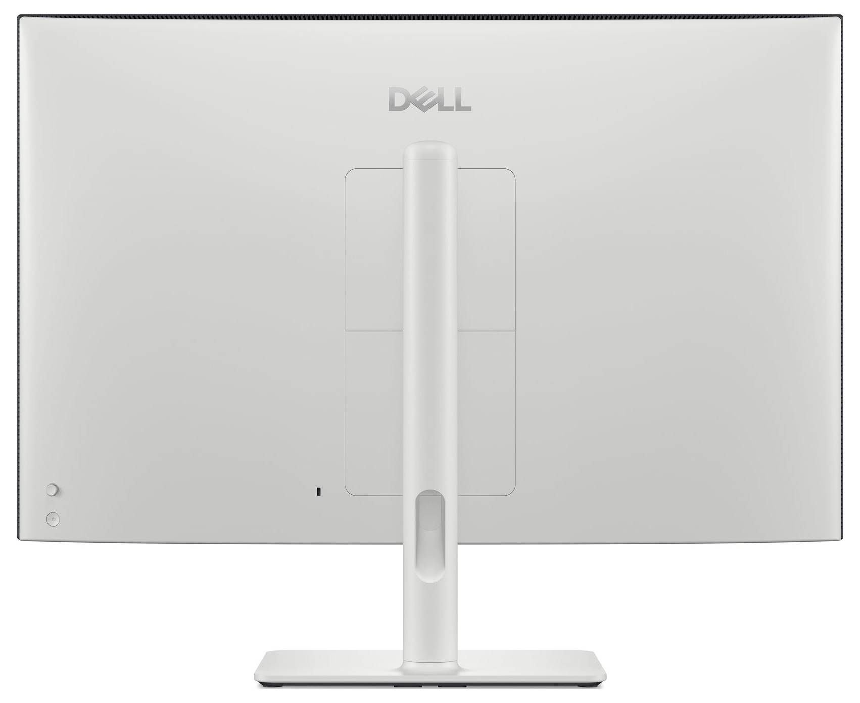 Un monitor per computer Dell bianco visto da dietro, che mostra il supporto e il logo dell'azienda al centro in alto.