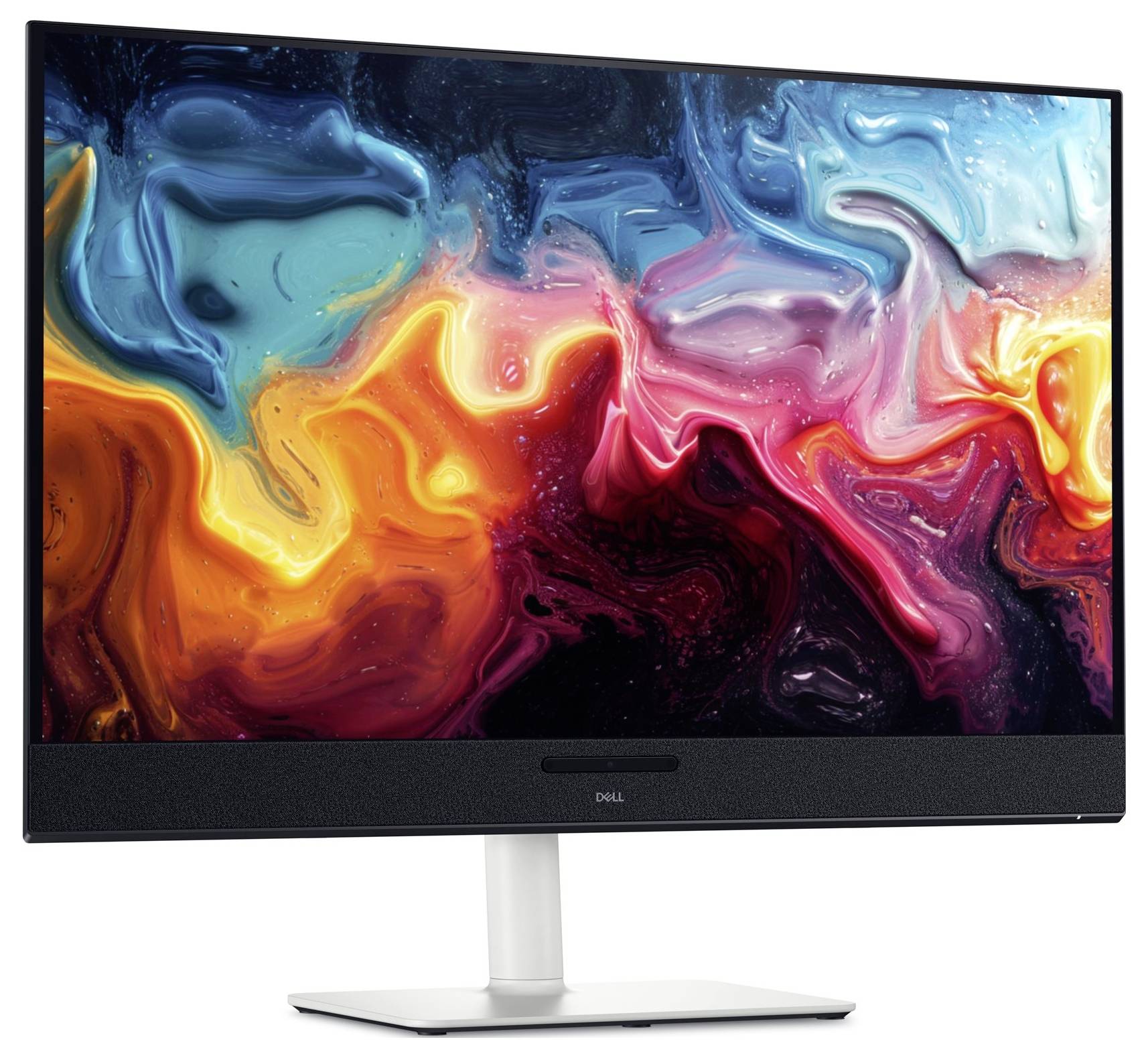 Un monitor di computer che visualizza un'opera d'arte astratta con vivaci turbini di tonalità blu, gialle, arancioni e rosse, che mettono in risalto colori brillanti.