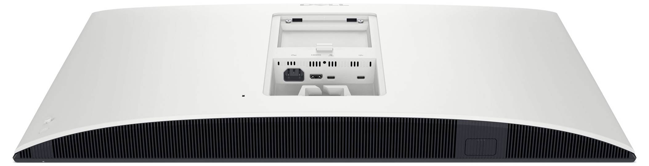 Vista posteriore di un proiettore elegante e moderno con vari ingressi e ventilazione sulla custodia bianca curva.