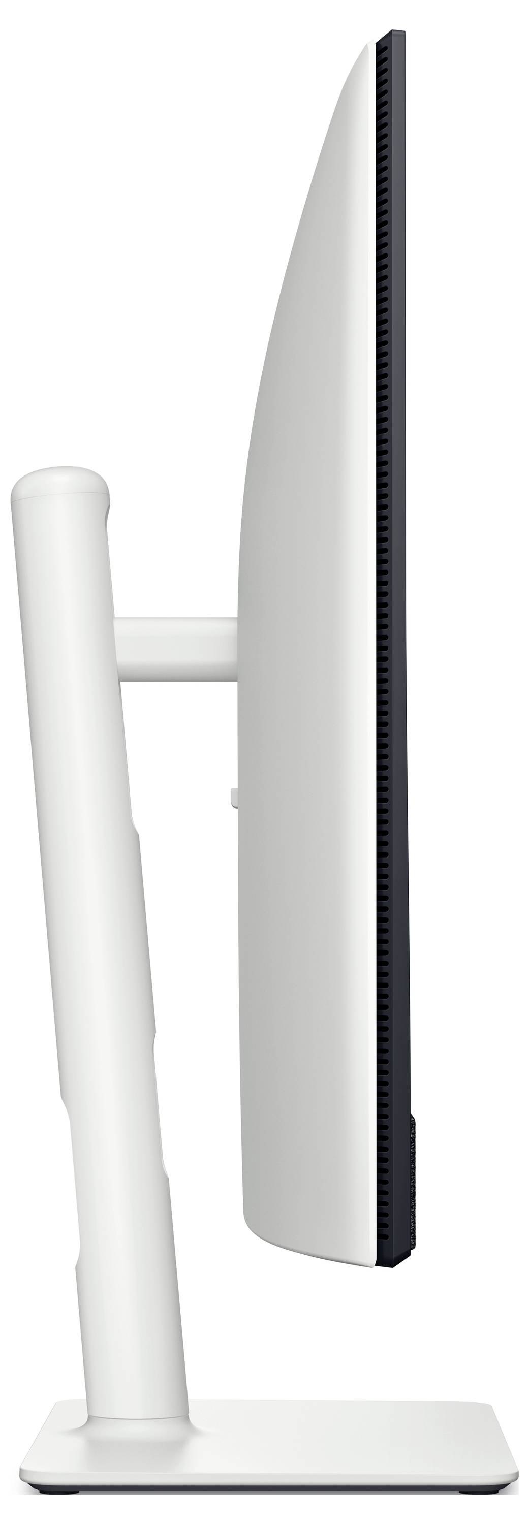 Un moderno monitor bianco visto di lato, che evidenzia il suo design sottile e il supporto stabile, su uno sfondo neutro.