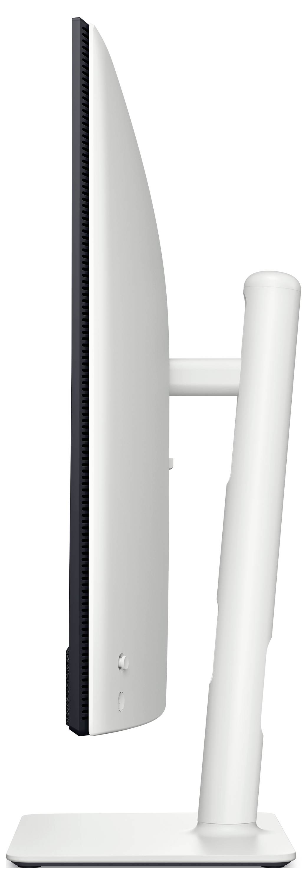 Vista laterale di un moderno monitor per computer con un sottile supporto bianco, che mostra il suo design elegante e le sue caratteristiche regolabili.