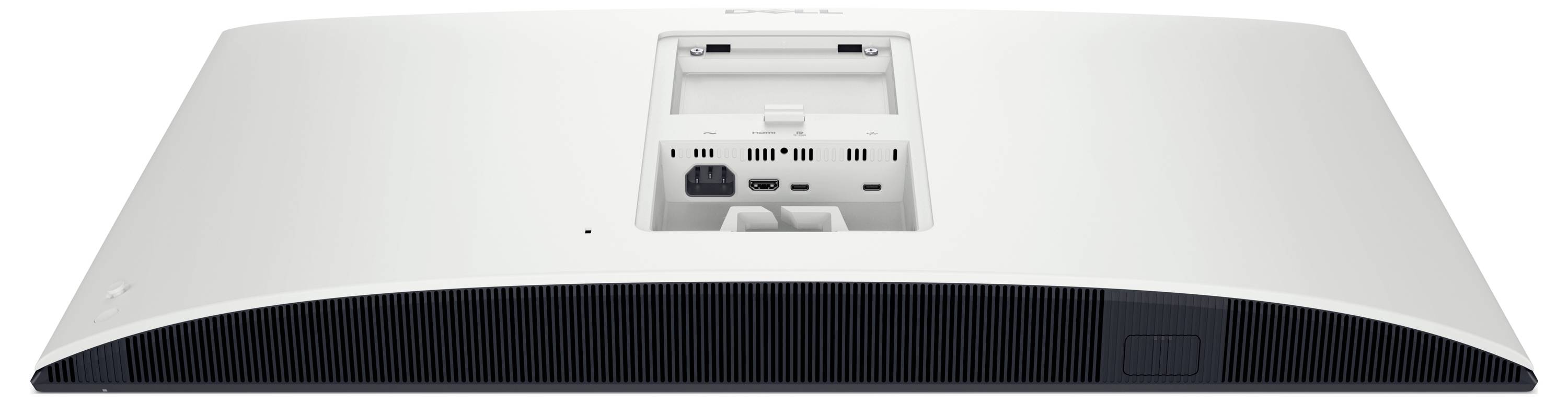 Dispositivo elettronico bianco visto da dietro, che mostra varie porte e un pulsante di accensione.