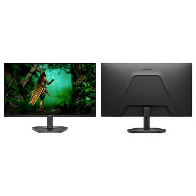 Vista frontale e posteriore di un monitor Dell. Lo schermo mostra una scena fantasy con una figura incappucciata in una foresta rigogliosa e luminosa.