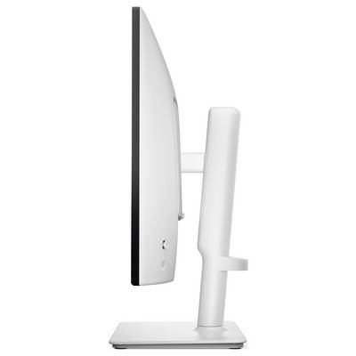 Una vista laterale di un monitor per computer sottile e moderno con un design elegante e minimalista, caratterizzato da un retro curvo e un supporto robusto.