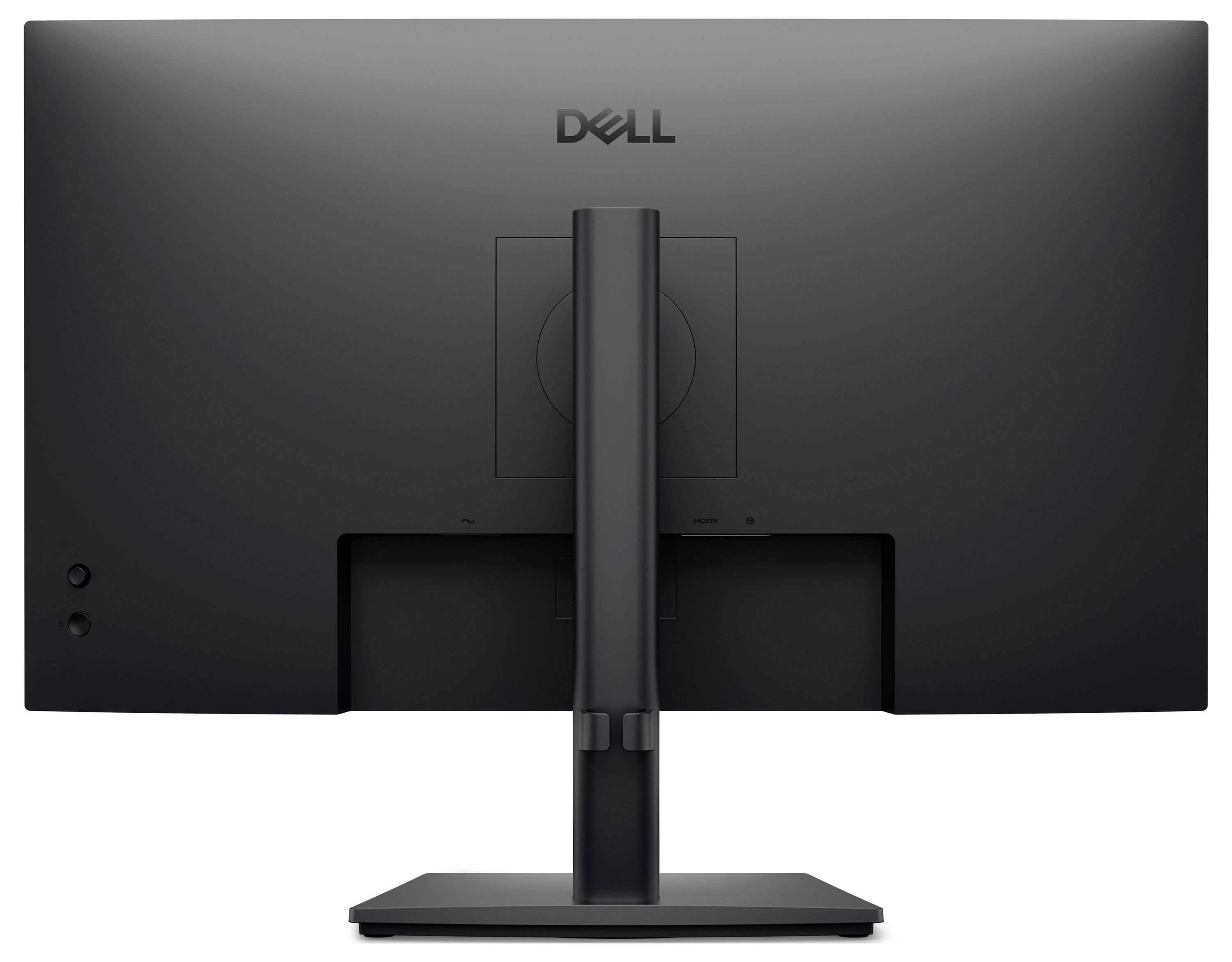 L'immagine mostra la vista posteriore di un monitor per computer Dell con un design elegante e nero, un supporto regolabile e il logo del marchio visibile nella parte superiore.