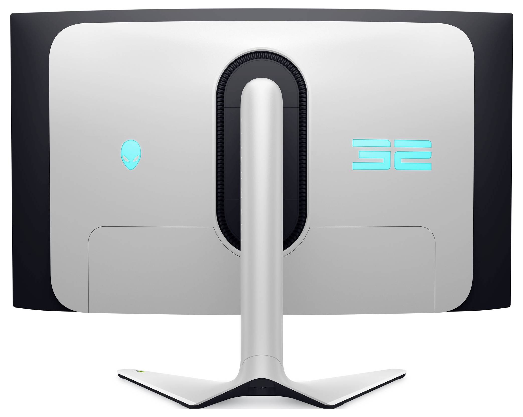'Vista posteriore di un monitor curvo con un logo alieno illuminato e il numero '32' blu sul retro, che mostra il suo design elegante e il supporto.'