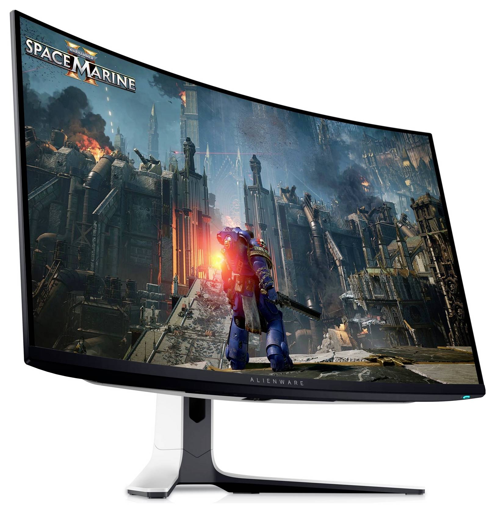 Un monitor da gioco curvo visto da dietro, che mostra le porte, il marchio e un design elegante con accenti.