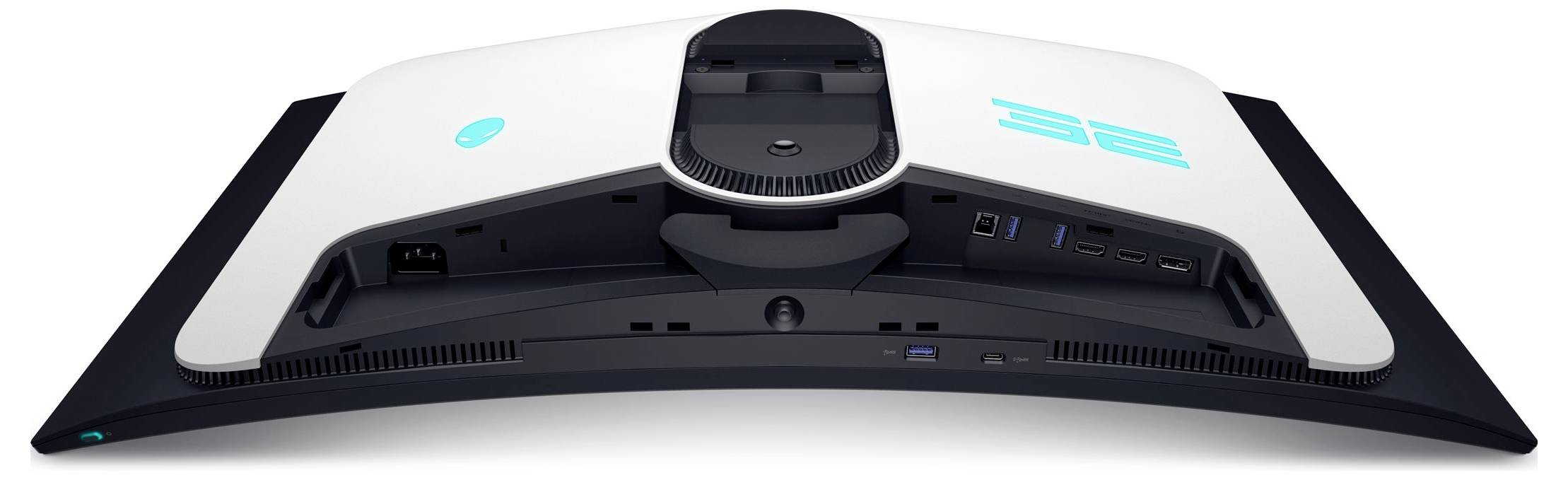 Vista posteriore di un monitor gaming curvo che mostra i connettori: alimentazione, USB, HDMI e audio. Il monitor ha un design con ventilazione e logo luminoso.