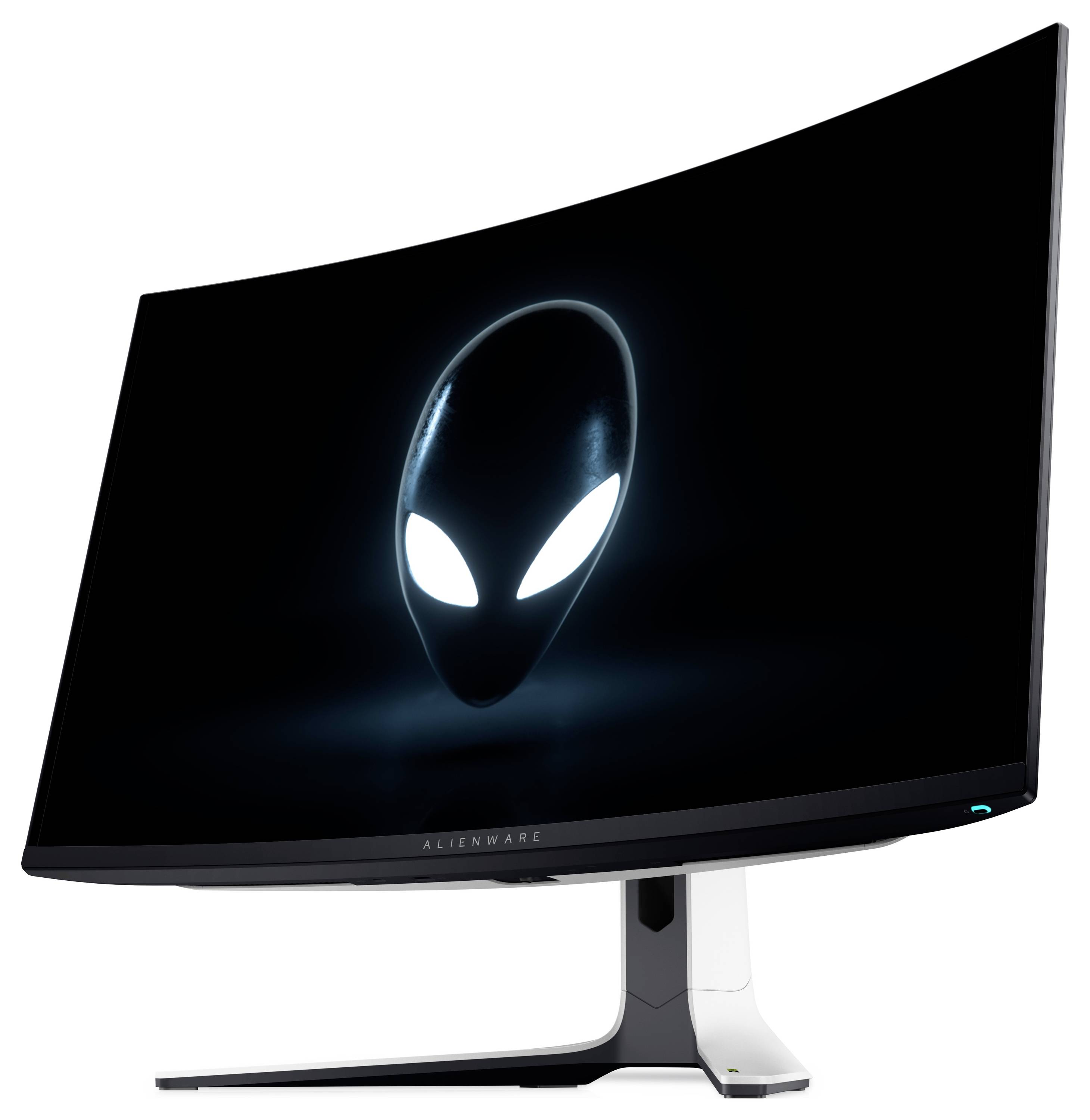 Monitor curvo che visualizza un logo di testa aliena luminosa su uno schermo nero, con un supporto elegante bianco e nero.
