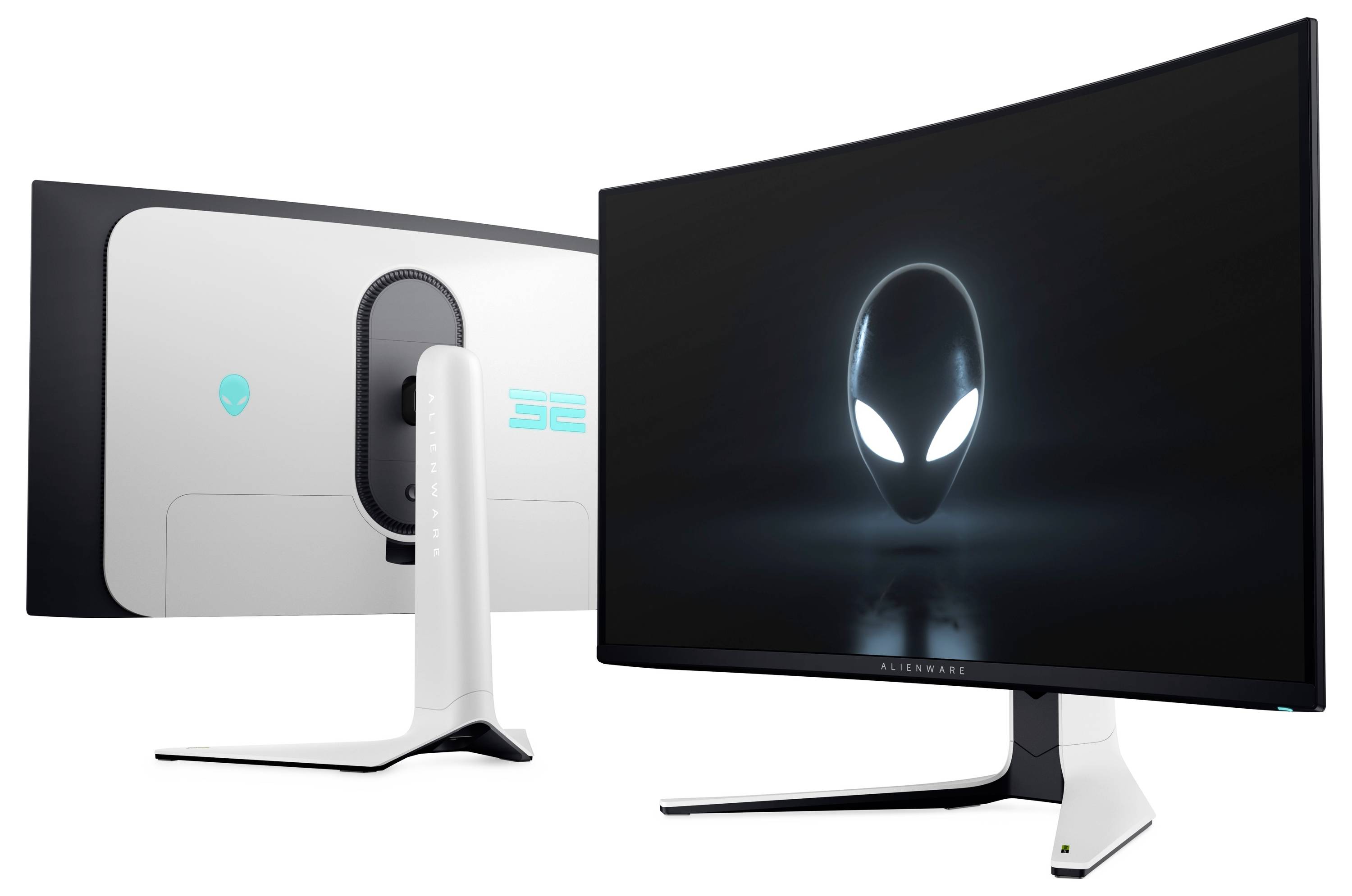 Monitor Alienware a doppia curvatura, vista frontale e posteriore. Il display frontale mostra un logo alieno luminoso su uno schermo scuro; il retro presenta il marchio.