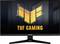 Un monitor da gaming che visualizza il logo 'TUF Gaming' in giallo acceso e arancione su uno schermo scuro, con il nome del marchio Asus sul supporto.