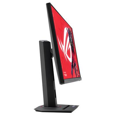 Vista laterale di un monitor per computer nero che mostra la sua funzione di inclinazione regolabile con un supporto elegante.