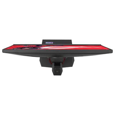 Un monitor per computer di colore nero con un design elegante è visto dall'alto. Lo schermo visualizza un'immagine con colori rosso acceso e nero.