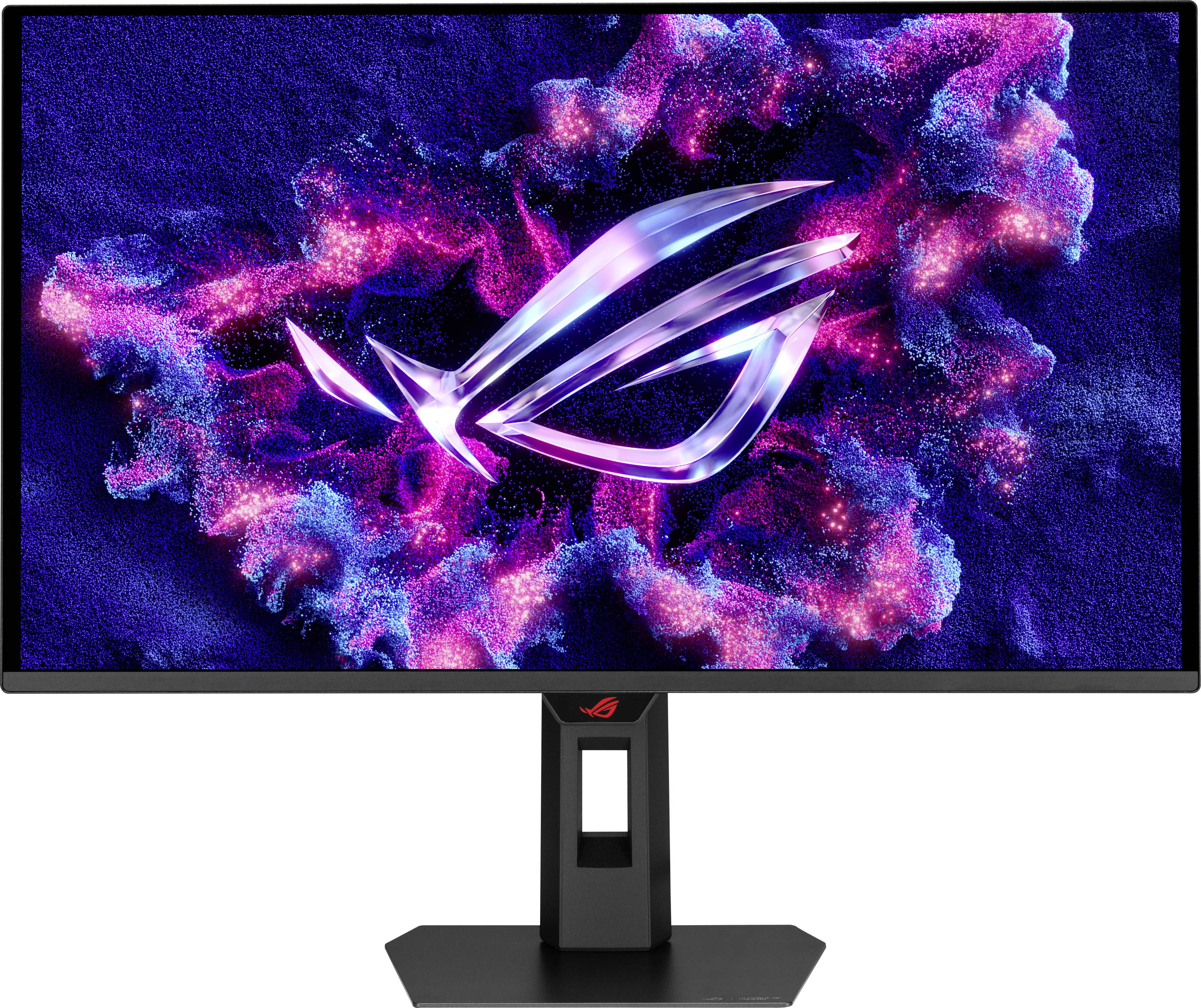 Un monitor per computer che visualizza un vivace logo ROG con uno sfondo simile a una nebulosa luminosa rosa e blu.