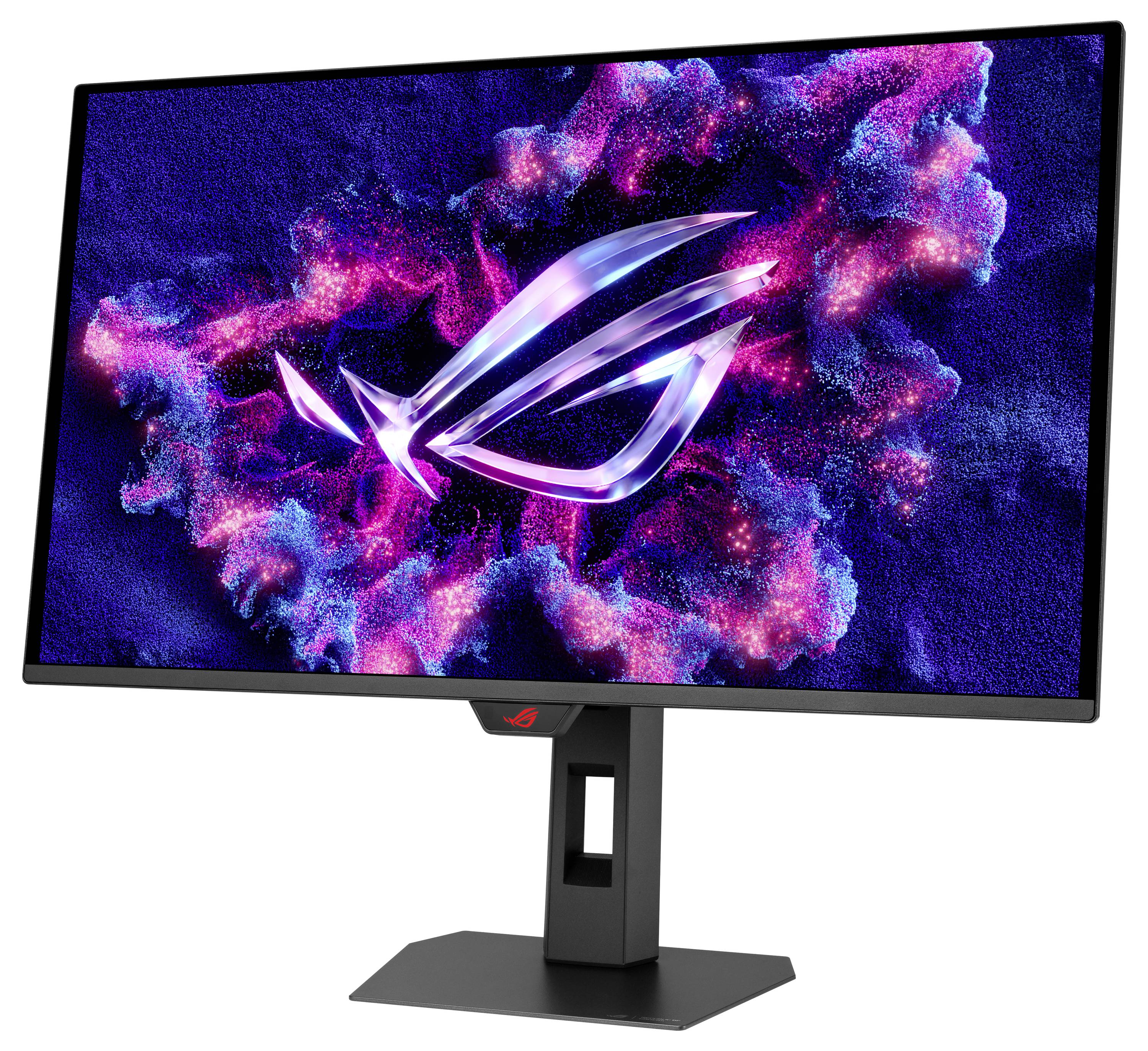 Un monitor da gaming mostra un vivace logo ROG con uno sfondo cosmico viola e blu, mettendo in mostra grafica ad alta definizione e colori.