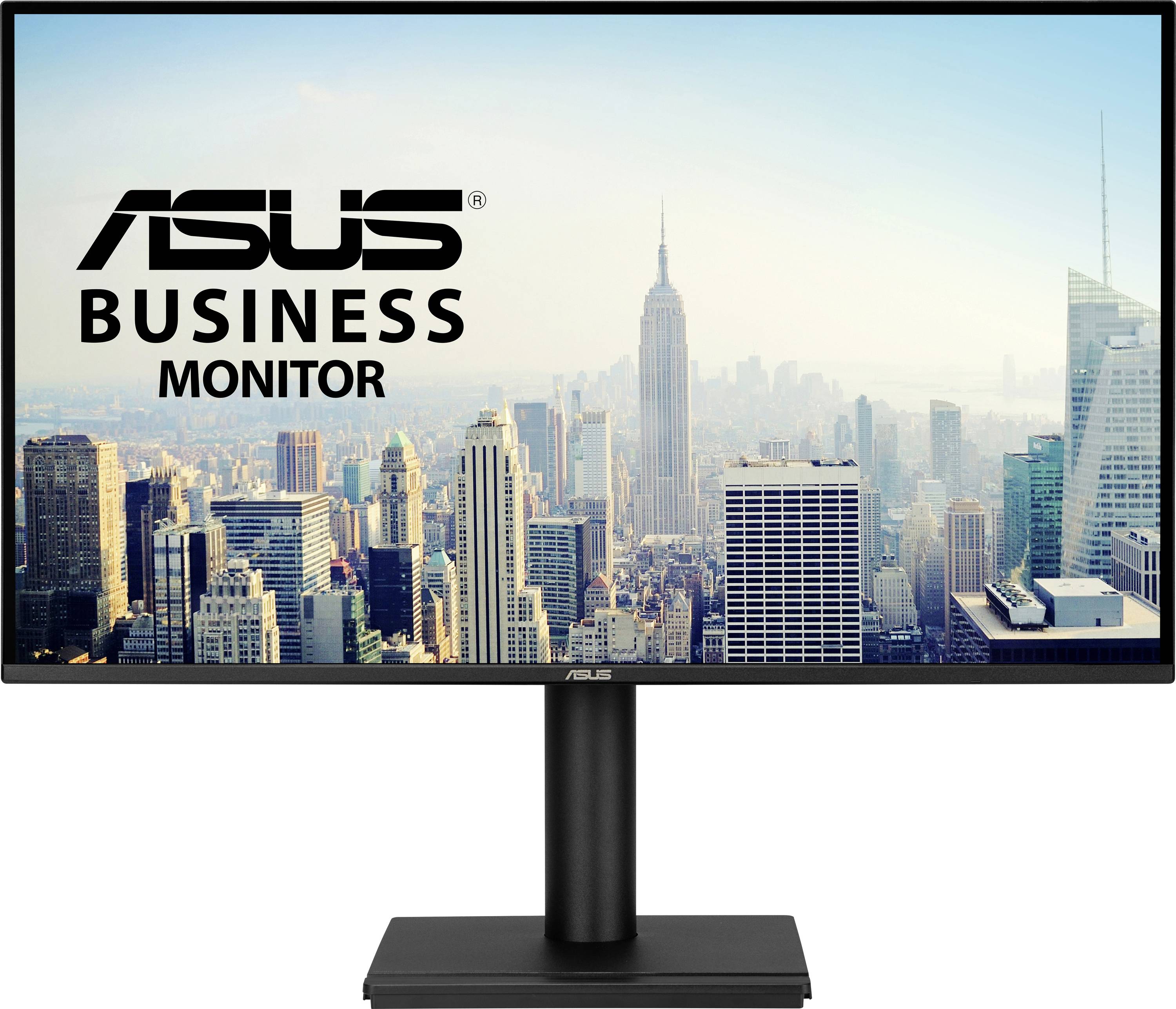 "Monitor Aziendale ASUS" con una vista dello skyline di una città, caratterizzato da edifici alti sotto un cielo sereno.