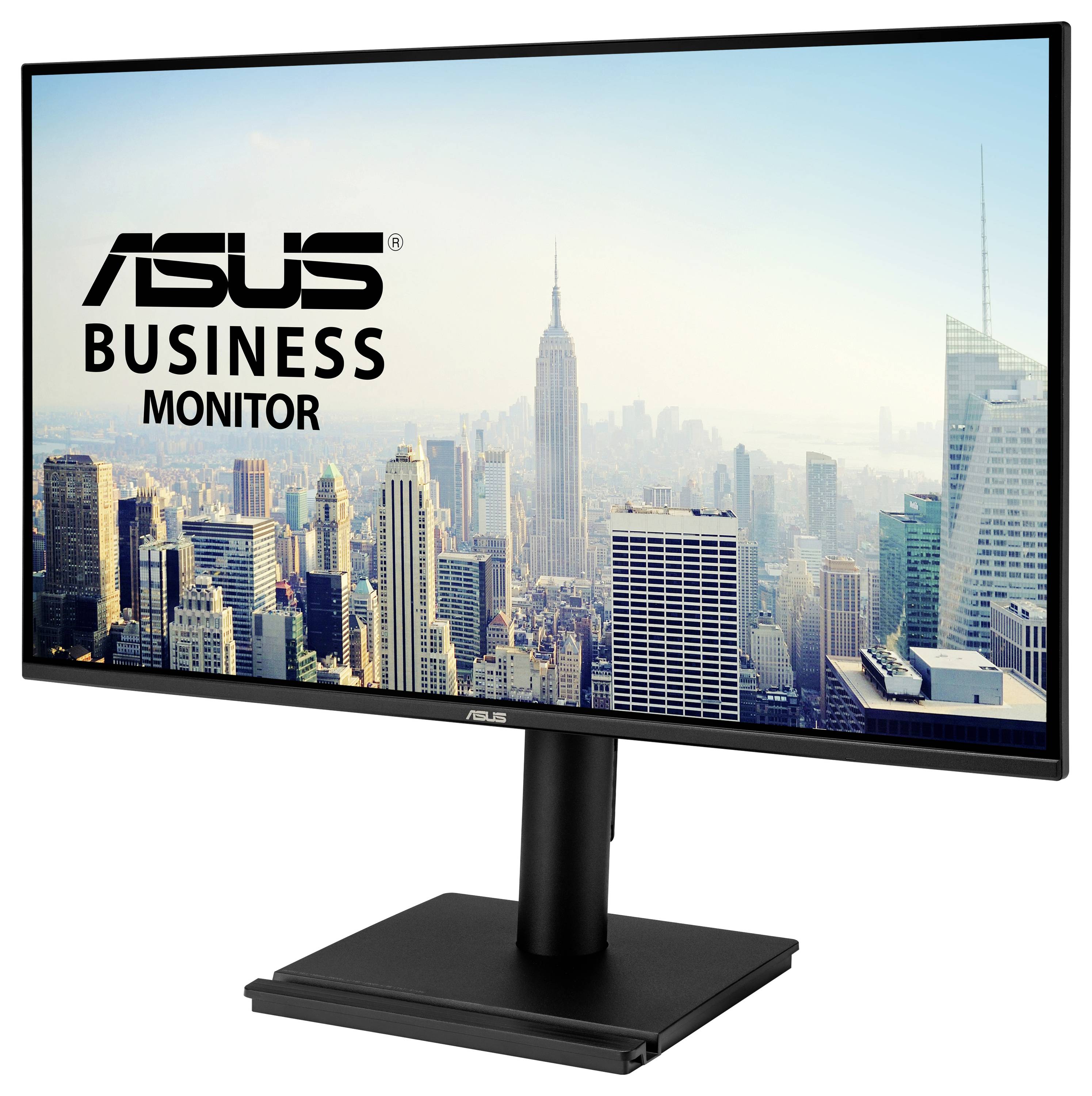 Monitor aziendale ASUS che visualizza un paesaggio urbano con grattacieli, incluso l'Empire State Building, sotto cieli azzurri e limpidi.