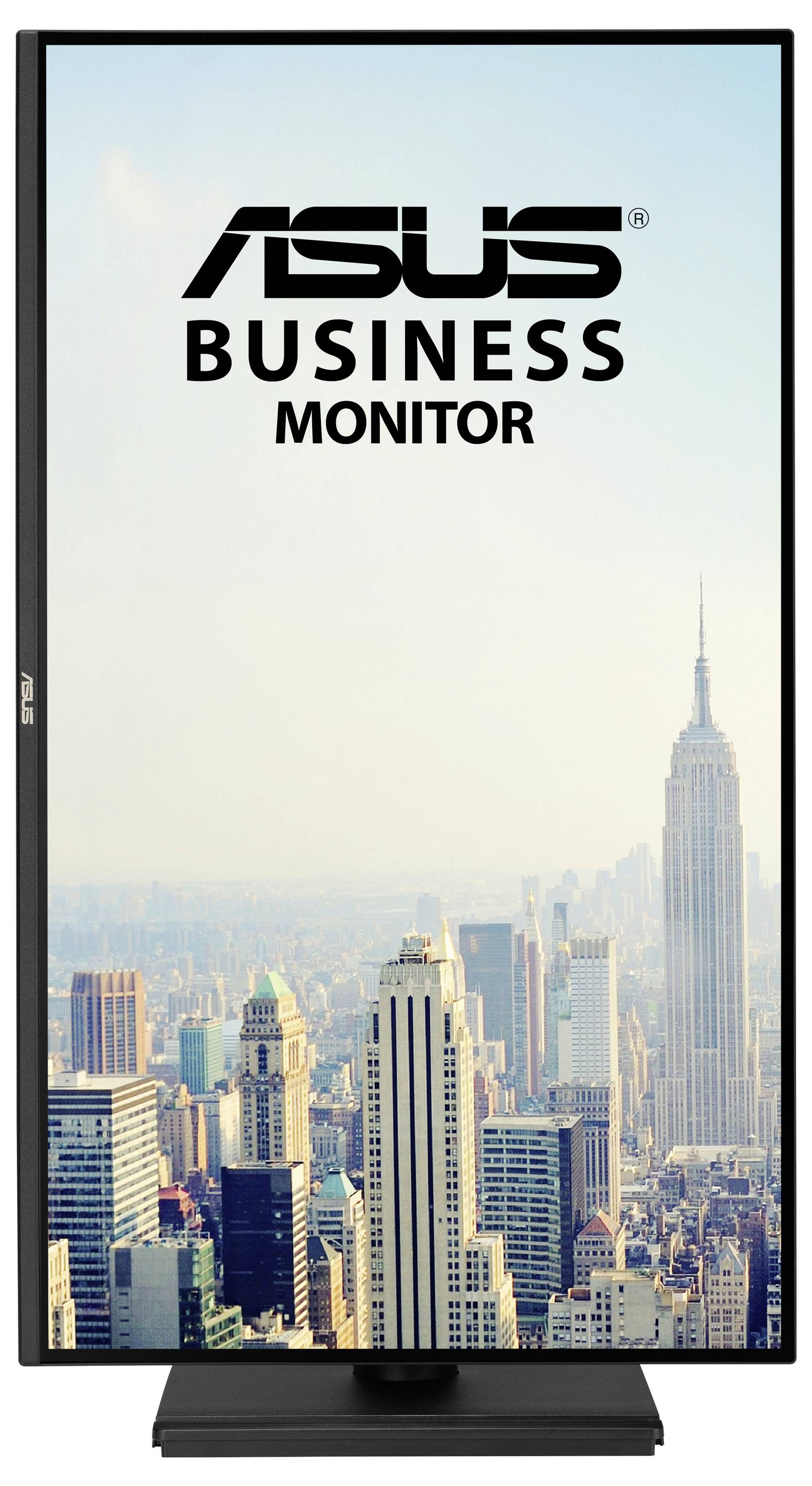 "Monitor Aziendale ASUS" con un'immagine di sfondo di uno skyline urbano caratterizzato da alti edifici sotto un cielo blu limpido.