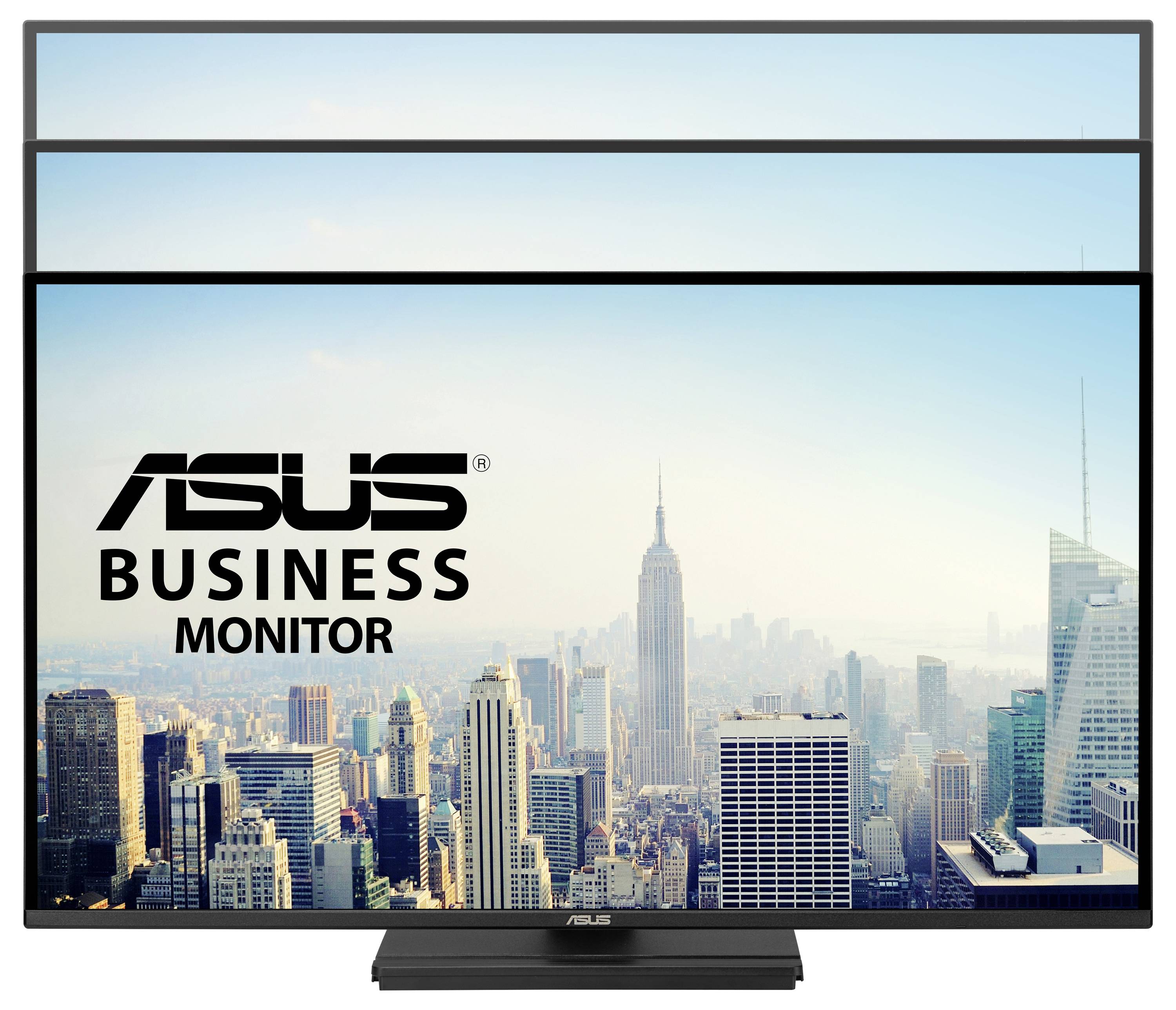 Monitor ASUS per uso professionale che mostra uno skyline di una città, enfatizzando il grande display nitido adatto agli ambienti aziendali.