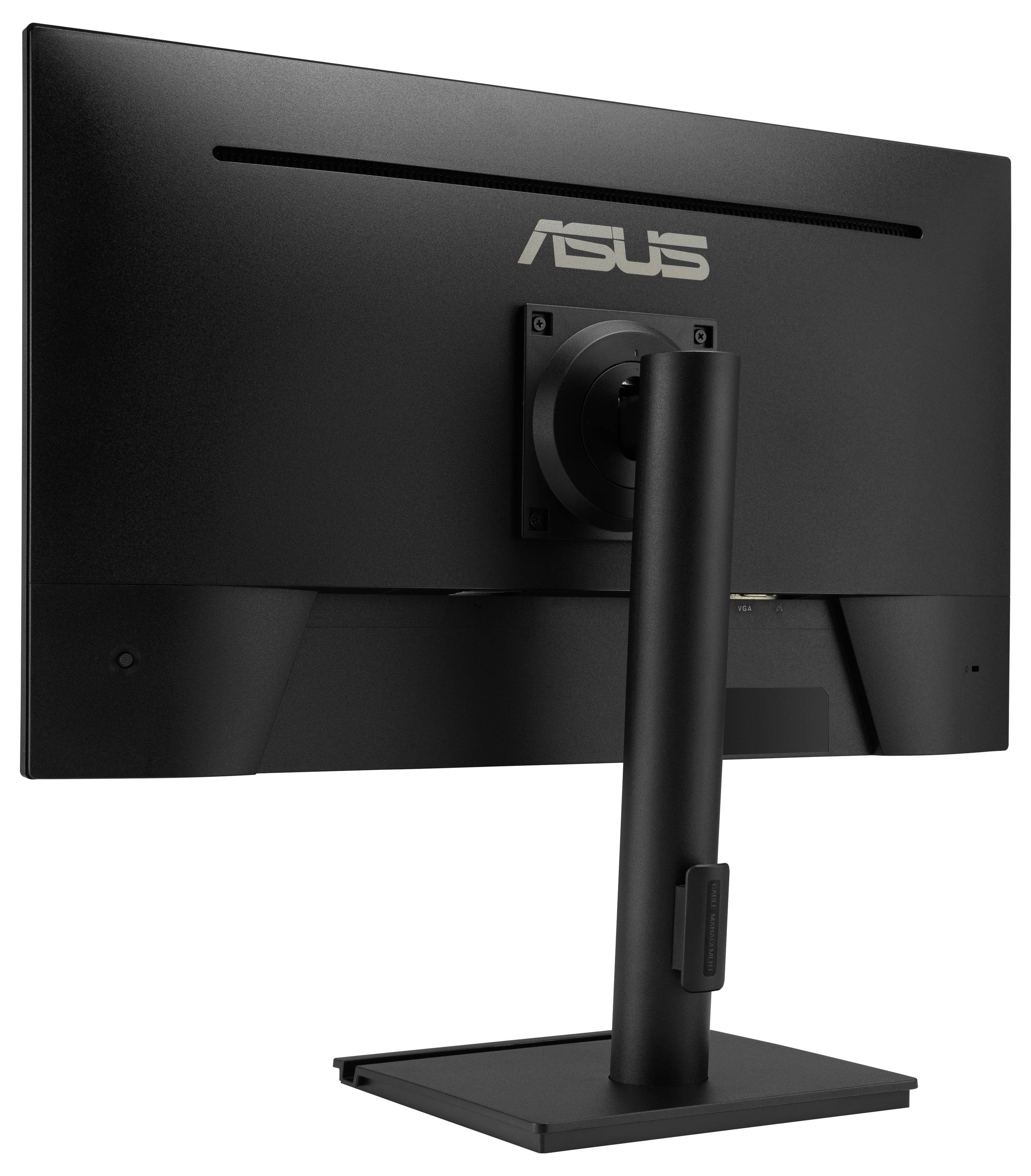 Un monitor per computer nero visto da dietro, che mostra il logo del marchio 'ASUS' e un supporto robusto, su uno sfondo bianco.