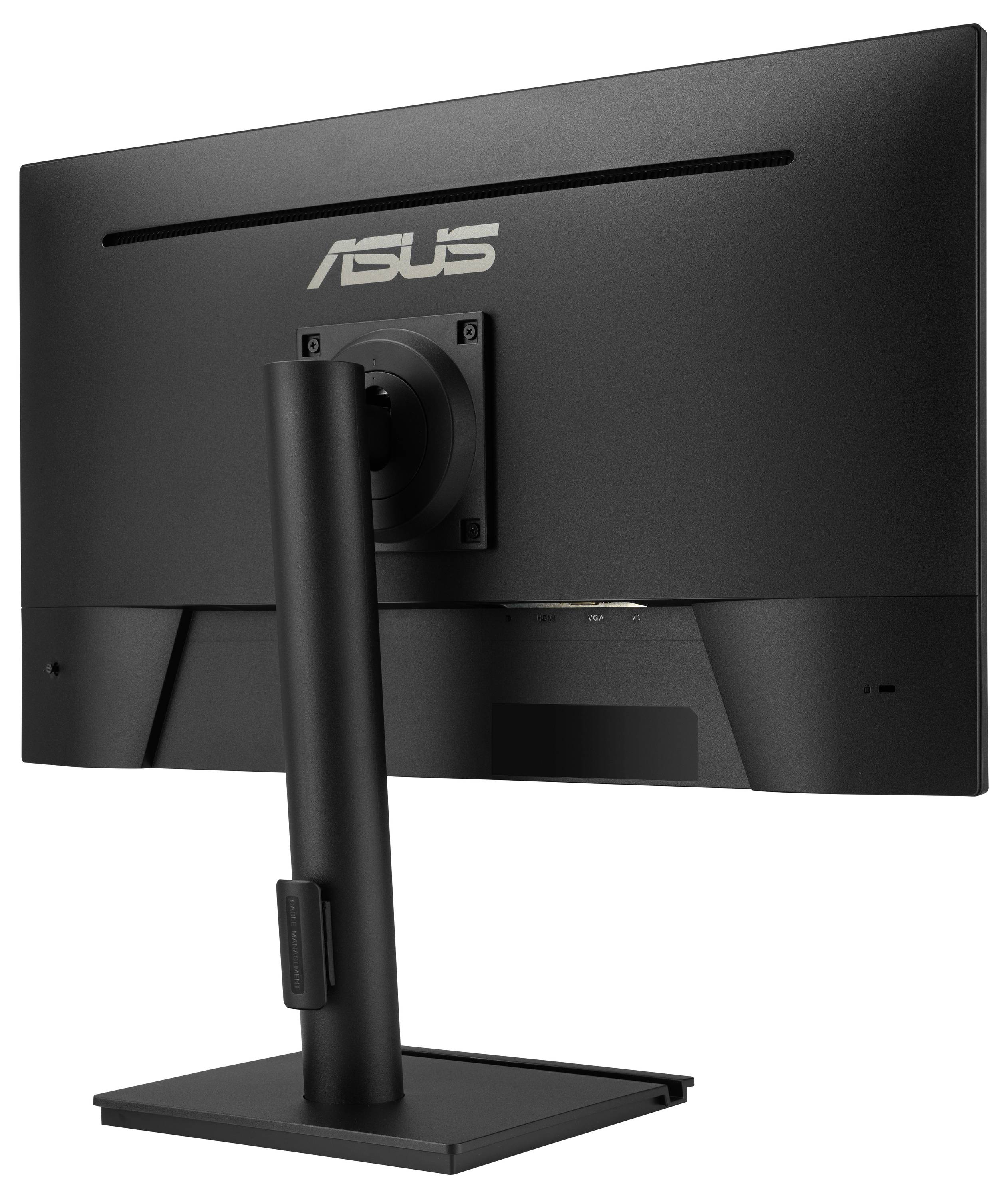 Vista posteriore di un monitor da gioco ASUS TUF nero che mostra il supporto e il marchio, evidenziando il suo design elegante e i bordi angolari.