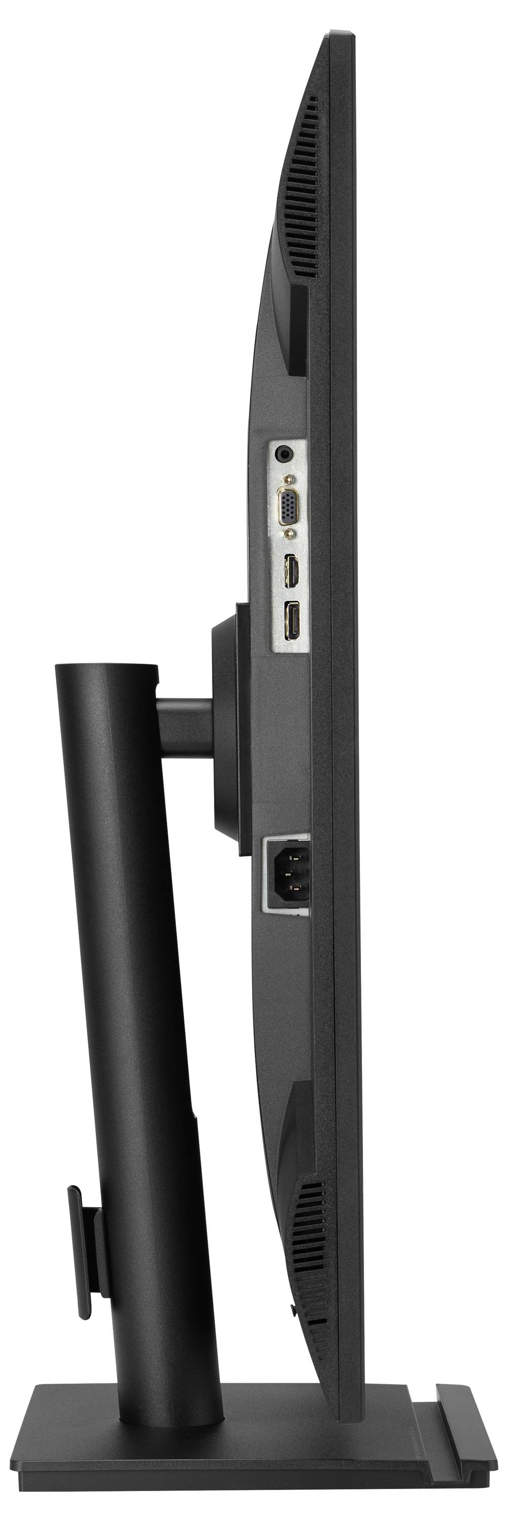 Una vista laterale di un sottile monitor per computer verticale su un supporto, che mostra varie porte e connessioni via cavo sul retro.