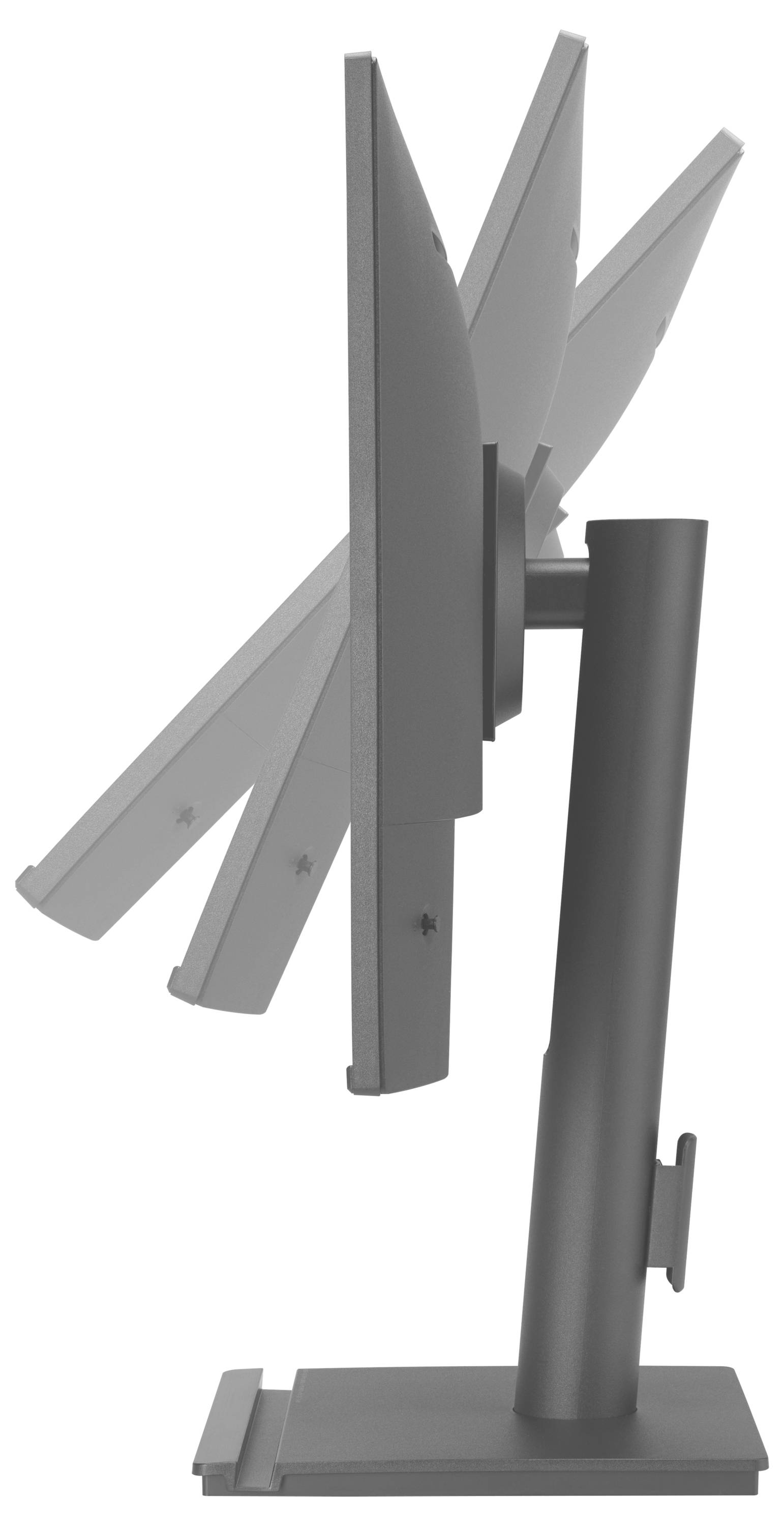 'Vista laterale di un supporto regolabile per monitor, che dimostra gli adattamenti dell'inclinazione dello schermo per angoli di visualizzazione ergonomici.'