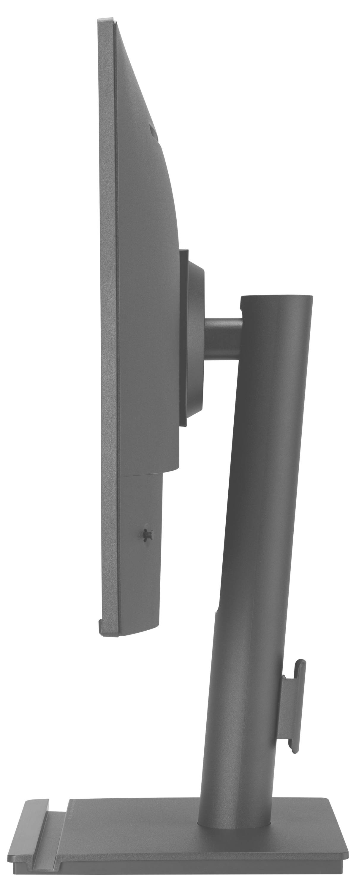 Una vista laterale di un monitor a schermo piatto su un supporto regolabile, che mette in evidenza il suo design sottile e il supporto ergonomico.