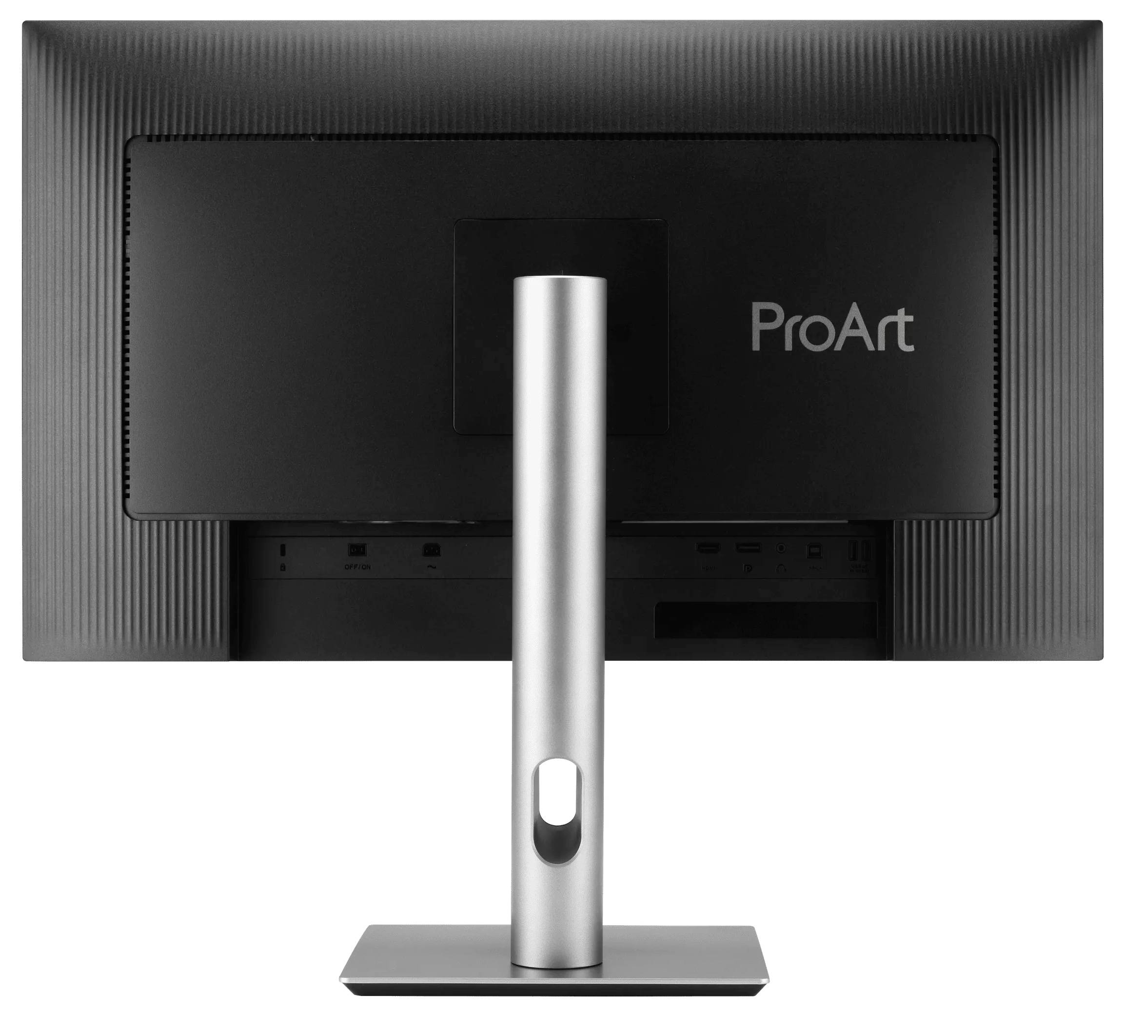 Una vista posteriore nera di un monitor per computer etichettato 'ProArt', con un supporto argentato caratterizzato da un foro di gestione dei cavi circolare.