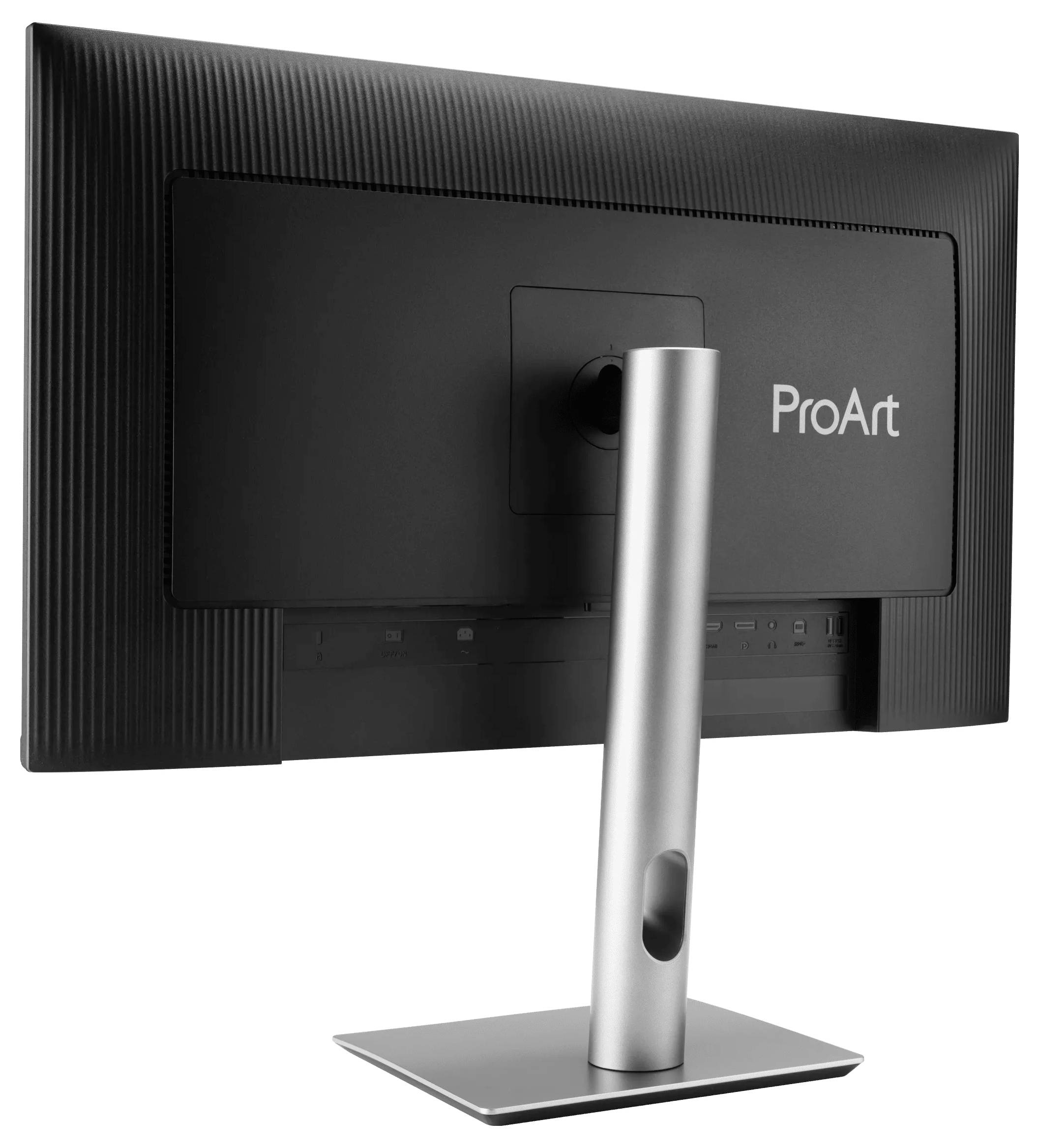Un monitor per computer nero con la scritta "ProArt" sul retro, montato su un supporto argentato. Il design appare elegante e moderno.