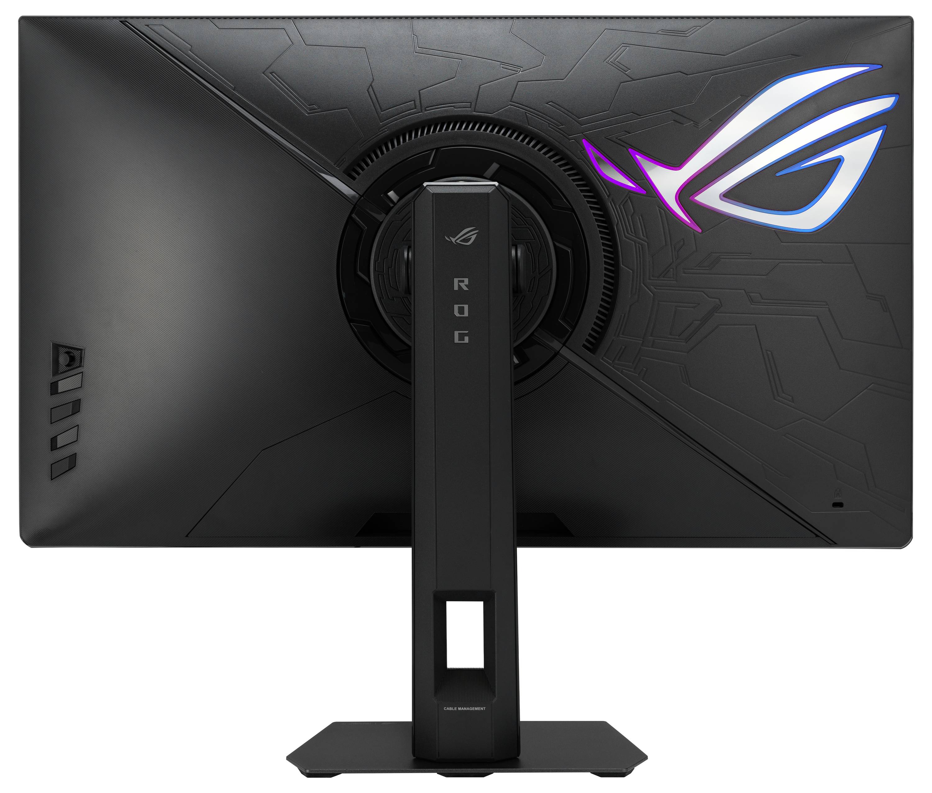 Vista posteriore di un monitor gaming nero con logo neon e supporto robusto, che mostra il design elegante e angolare e i dettagli del marchio.