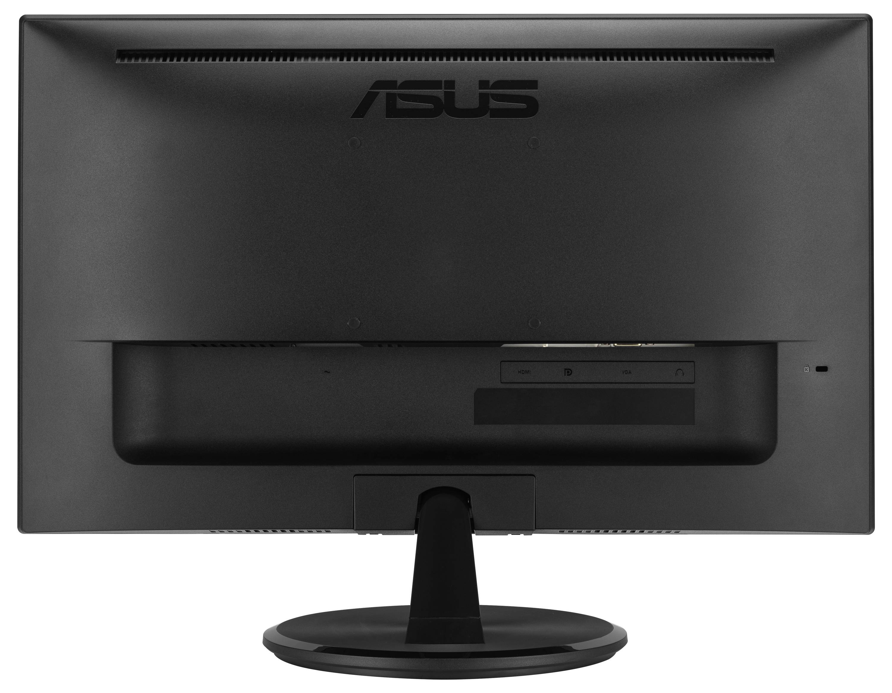Un monitor Asus nero è visto da dietro, con il logo del marchio visibile. Il design è elegante con un supporto robusto.