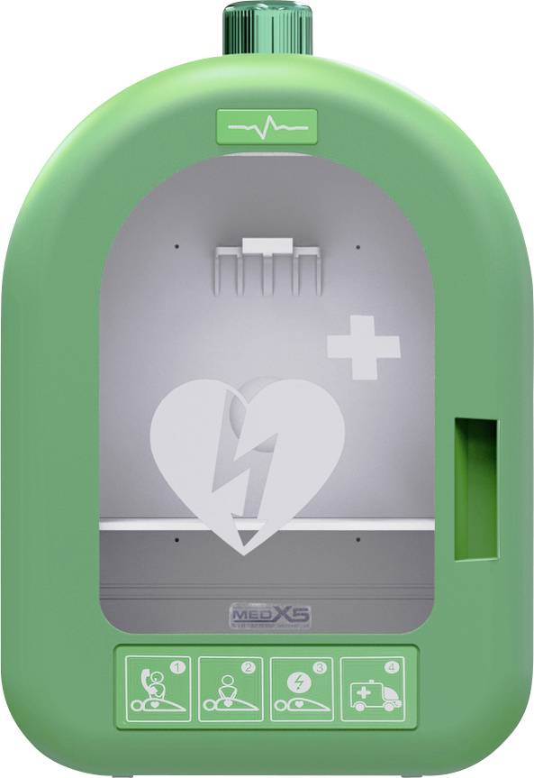 Stazione di ricarica per batterie mediche di colore verde con un cuore e un simbolo di fulmine sulla parte anteriore, oltre a icone per la ricarica dei dispositivi e l'alimentazione di emergenza.