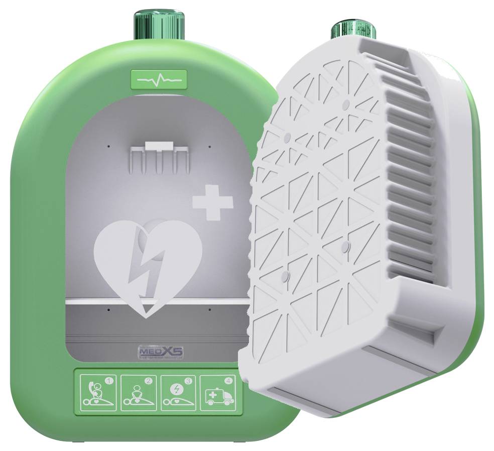 Armadio portatile AED verde con sportello bianco aperto, simbolo del cuore e del fulmine, croce medica e icone di istruzioni di emergenza sulla parte anteriore.